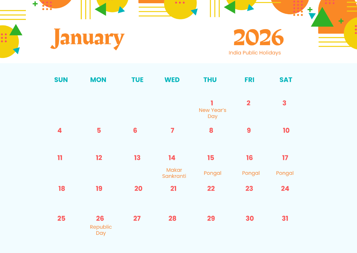 1200x851 Free Creative January 2026 India Calendar Template to Edit Online
