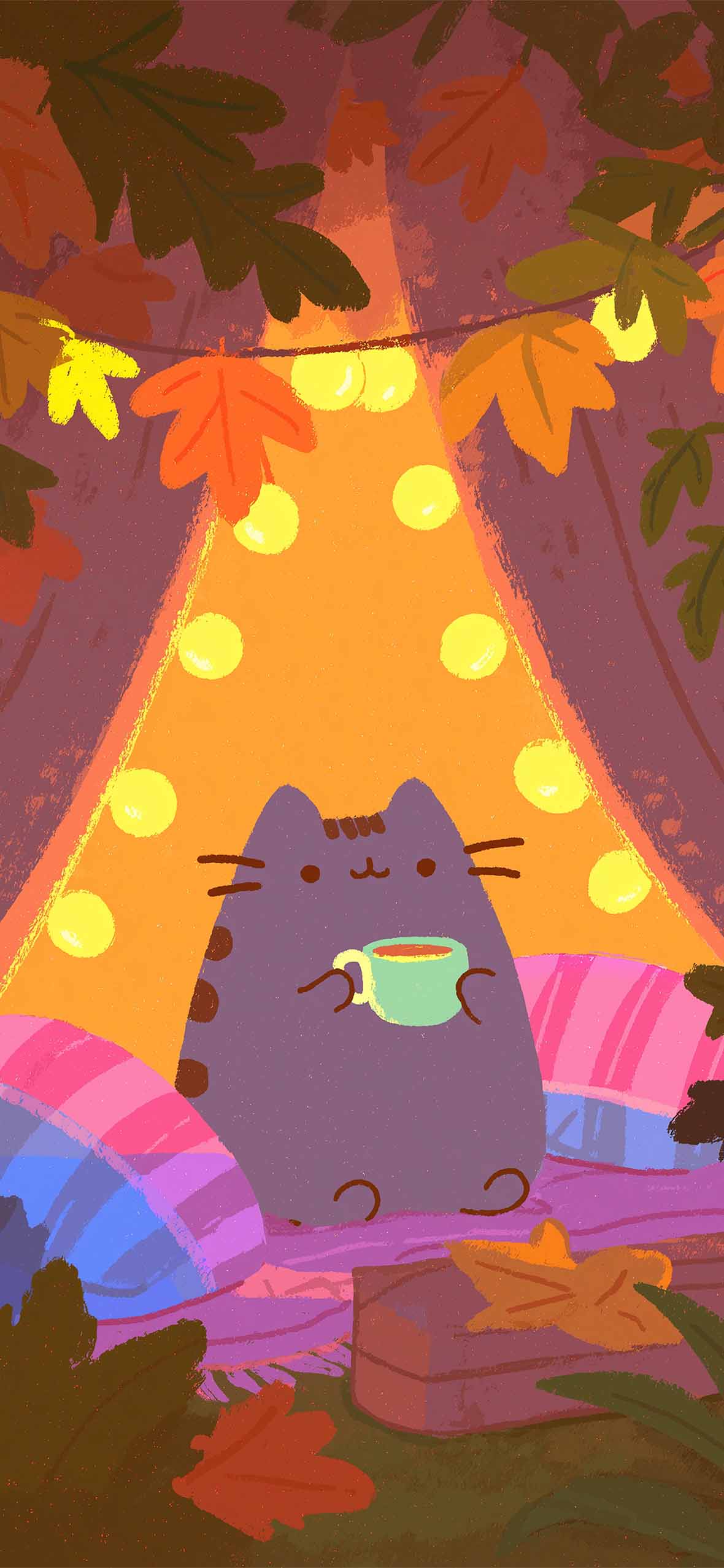 1180x2554 Pusheen Cat Cozy Cup Fall Wallpaper Wallpaper HD