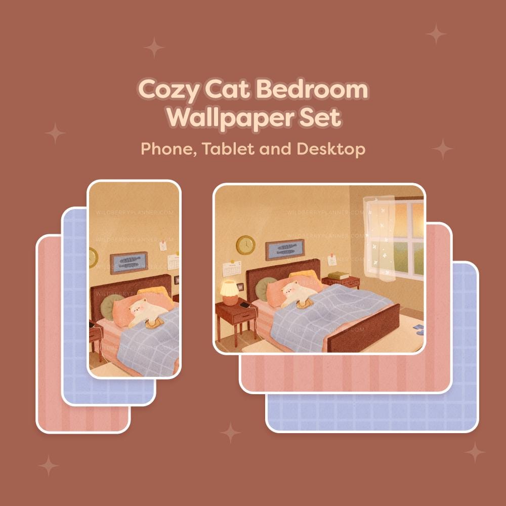 1000x1000 Cozy Cat Bedroom Wallpaper, Sleepy Cat, Phone, iPad, Tablet, Desktop, Android, Wallpaper, Cute and Neutral Wallpaper