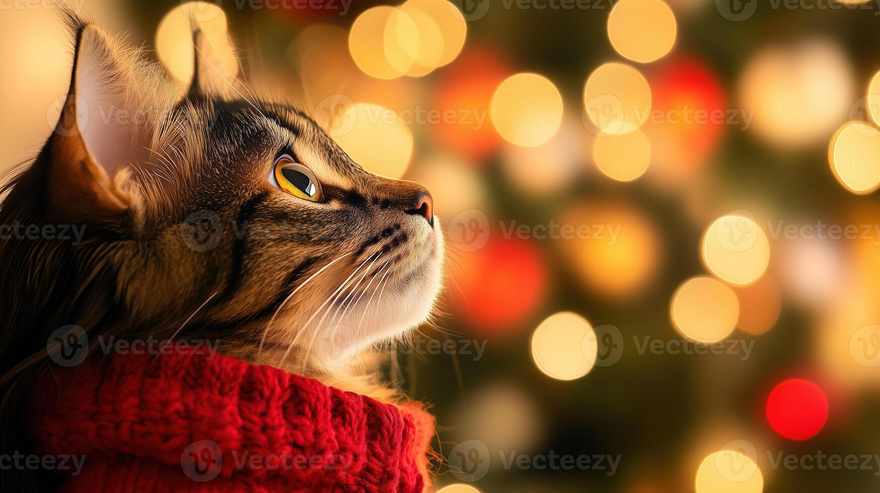 1749x980 cat wearing cozy red sweater gazes thoughtfully, illuminated by soft, warm bokeh lights in background, creating festive and heartwarming atmosphere