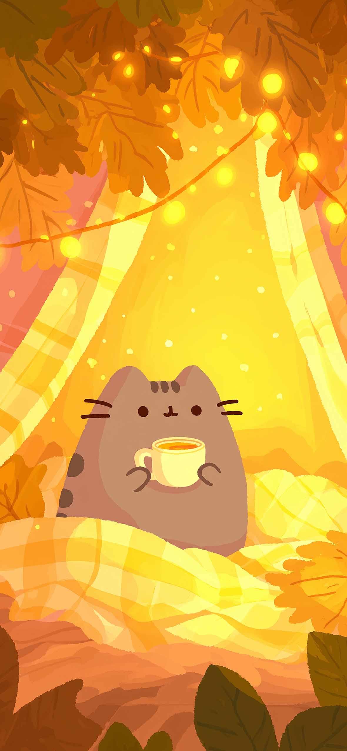 1180x2554 Pusheen Cat Autumn Cozy Tea Wallpaper Fall Wallpaper