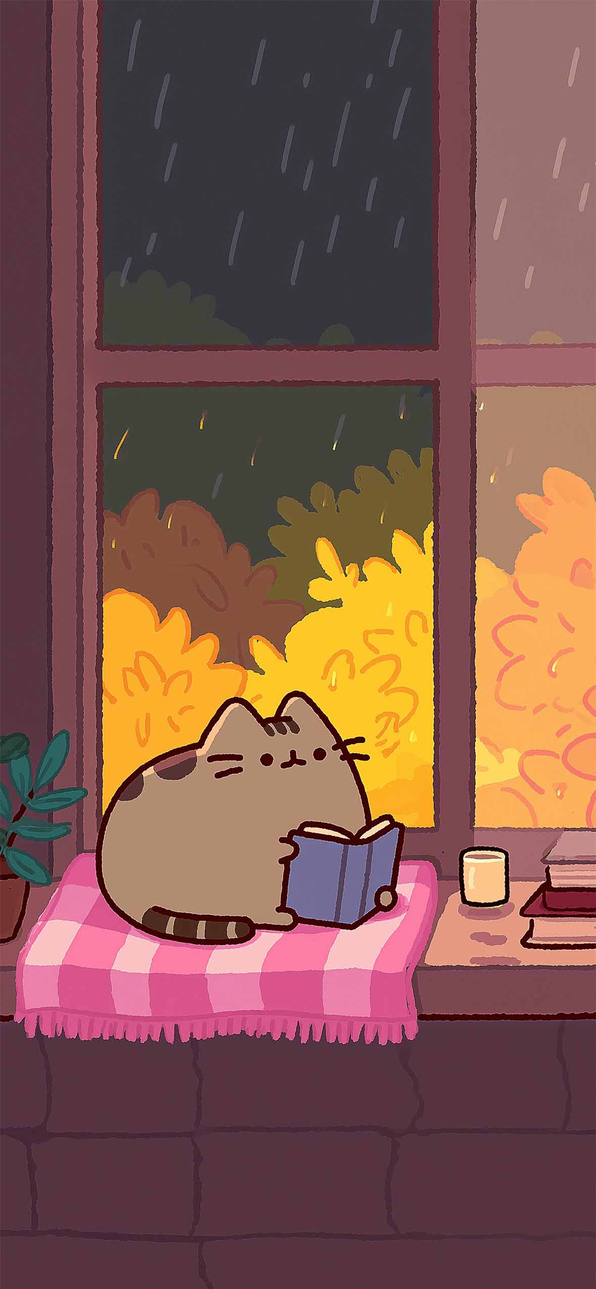 1180x2553 Pusheen Cat Reading Cozy Rainy Window Wallpaper iPhone HD