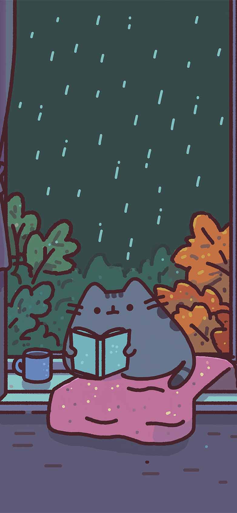782x1692 Pusheen Cozy Rainy Day Reading Cat Wallpaper