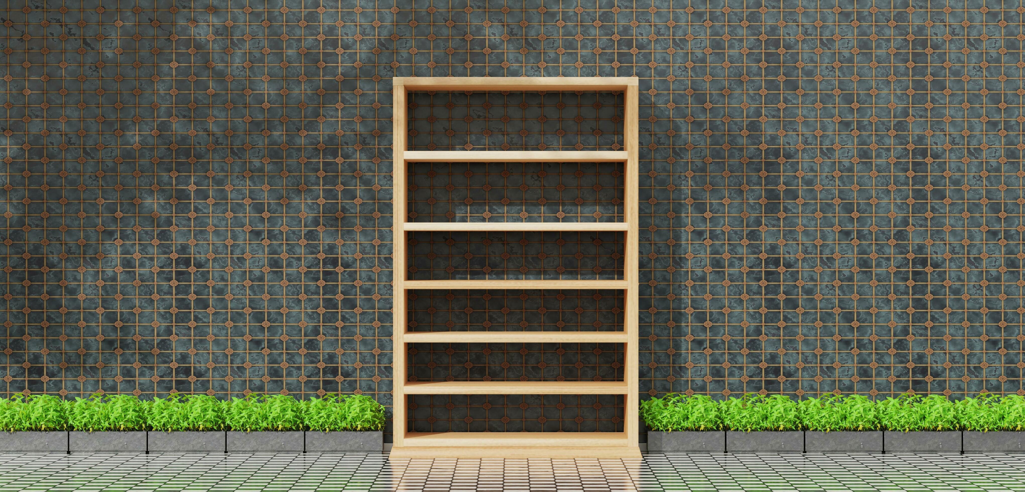 4083x1960 An empty bookshelf was placed in the middle of the room shelf in the room Floor and wall screens 3D illustration