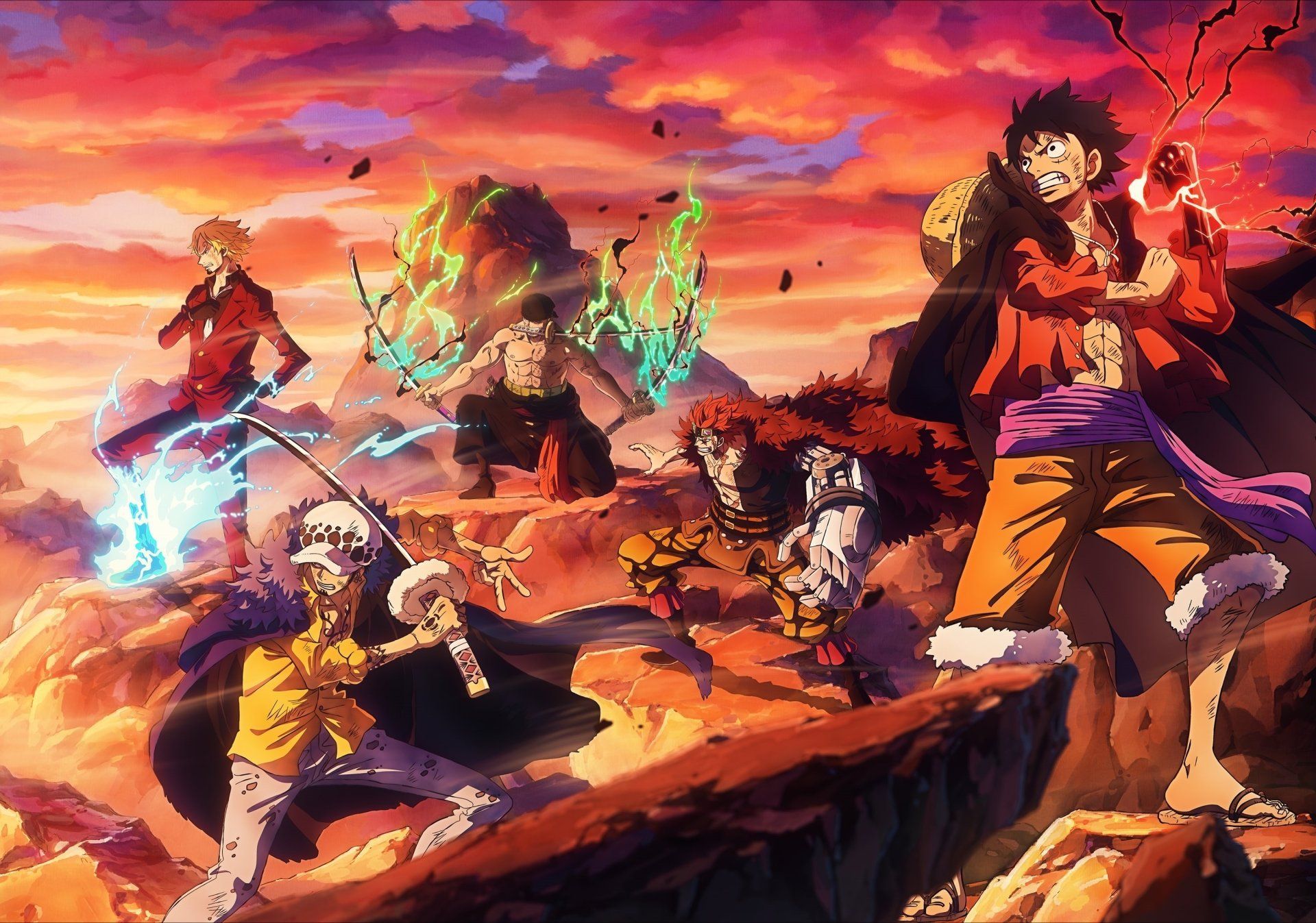 1920x1347 Legendary One Piece Crew: Luffy, Zoro, Sanji, Law & Kid in Epic HD Wallpaperx2104