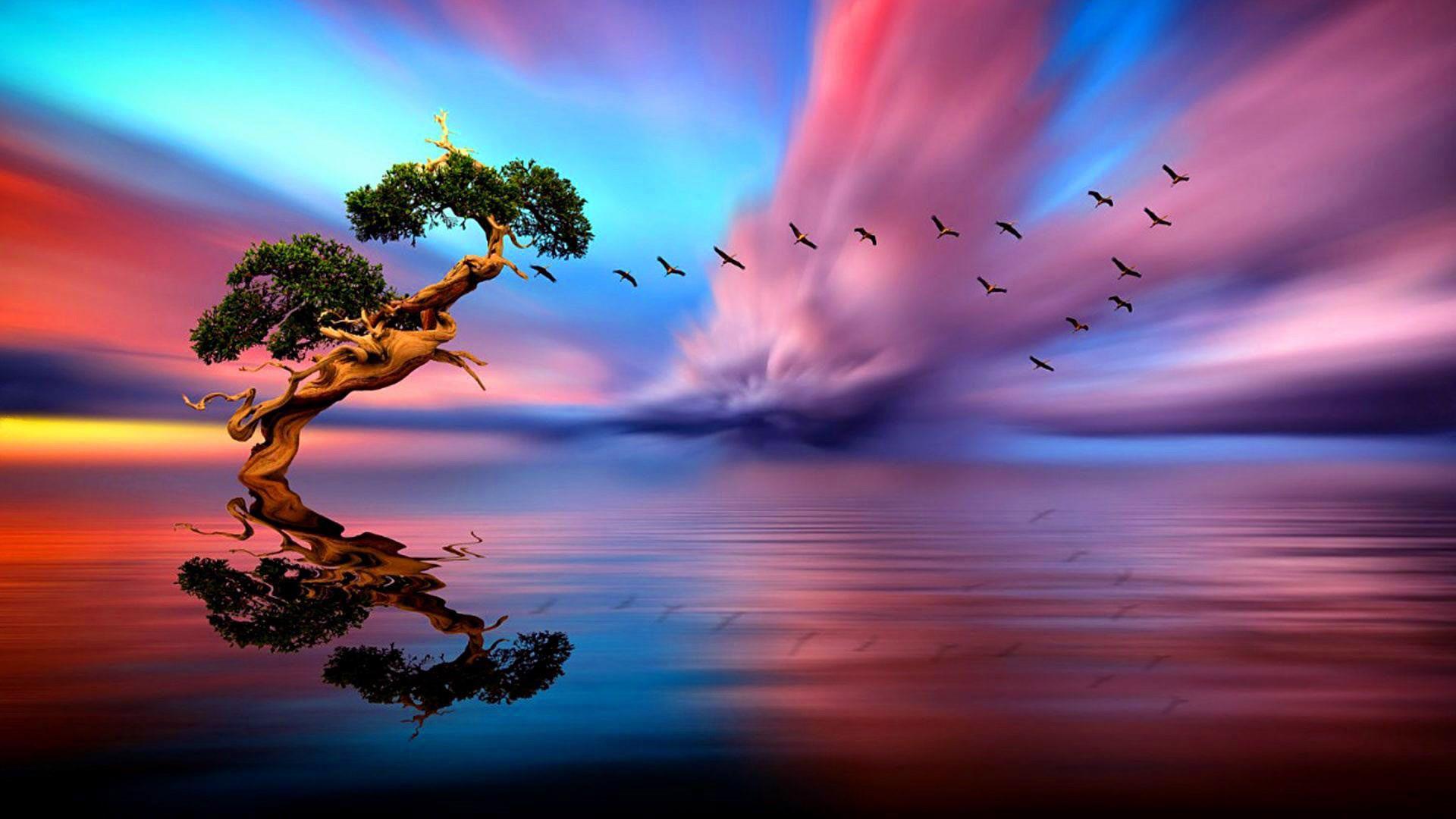 1920x1080 Lonely Tree Sunset Lake Birds In Flight Horizon Art Image HD
