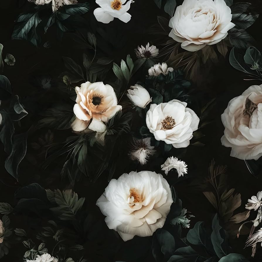 894x894 Dark Floral Peel and Stick Wallpaper, Vintage Black and White 17.5x 118Contact Paper, Modern Botanical Flower Wall Paper For Bathroom Bedroom Cabinet Vinyl Waterproof Removable Dorm Renter Friendly