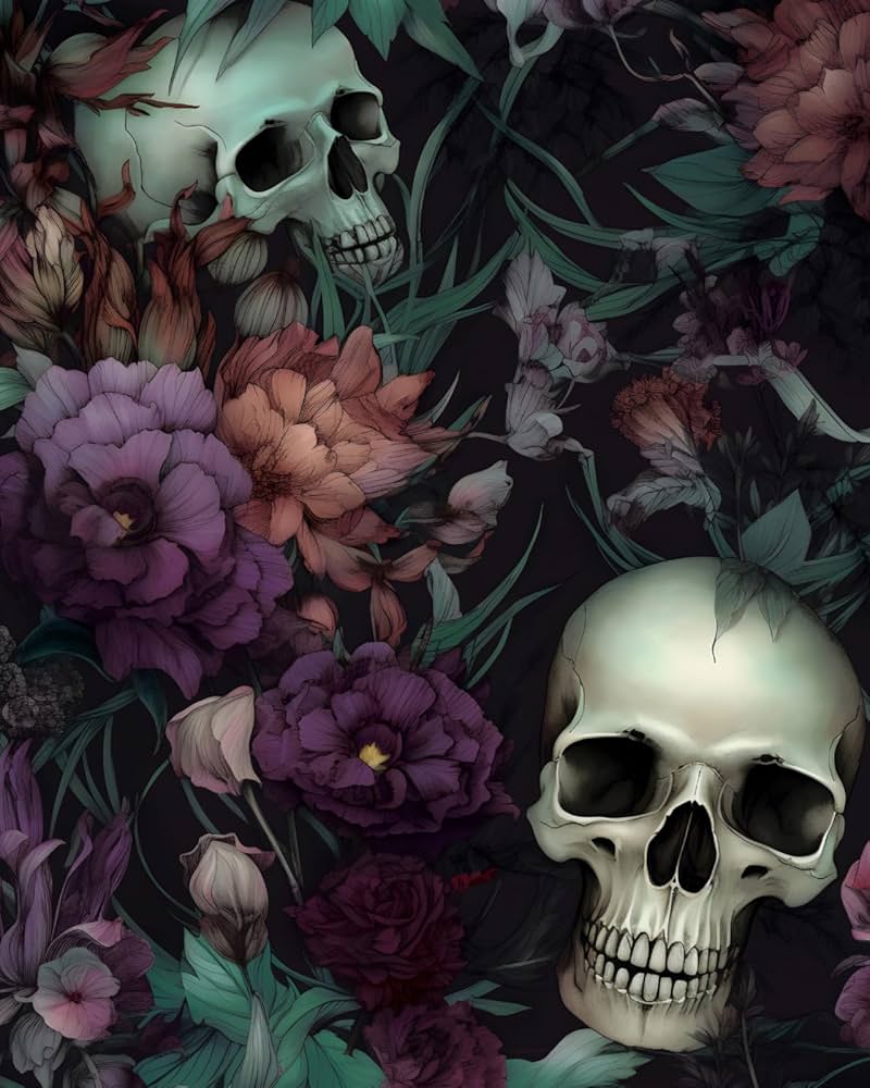 800x1000 XRUIBZI Black Floral Wallpaper Peel and Stick Vintage Gothic Floral Wallpaper Sugar Skull Leaf Contact Paper for Cabinet Waterproof Self Adhesive Wall Paper for Kitchen Countertop Wall 17.5 x 118