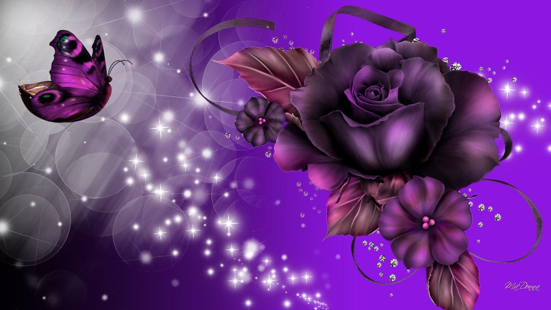 1920x1080 Purple Rose and Butterfly HD Wallpaper. Background Image