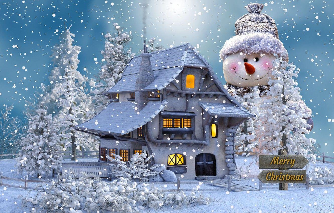 1332x850 Wallpaper winter, snow, trees, Christmas, snowman, Christmas motif