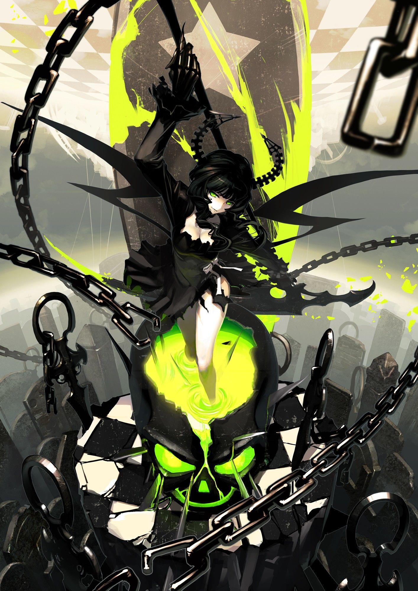 1414x2000 #Black Rock Shooter, #black dress, #horns, #Dead Master, #pale, #chains, #anime girls, #scythe, #graveyards, #green eyes, #skull, #black hair, wallpaper. Mocah HD Wallpaper