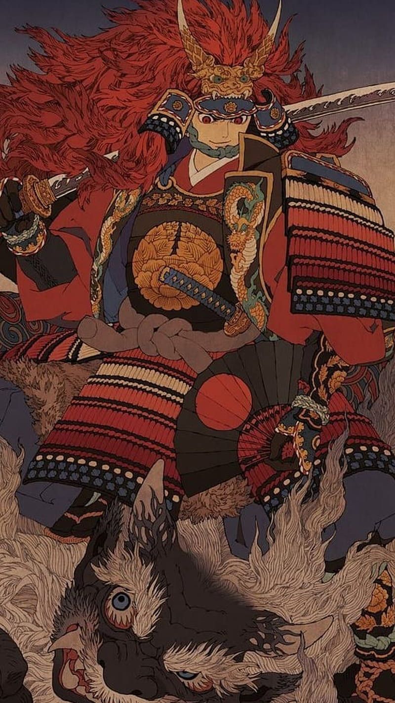 800x1422 Samurai, devil, monster, oni, red fur, sword, HD phone wallpaper