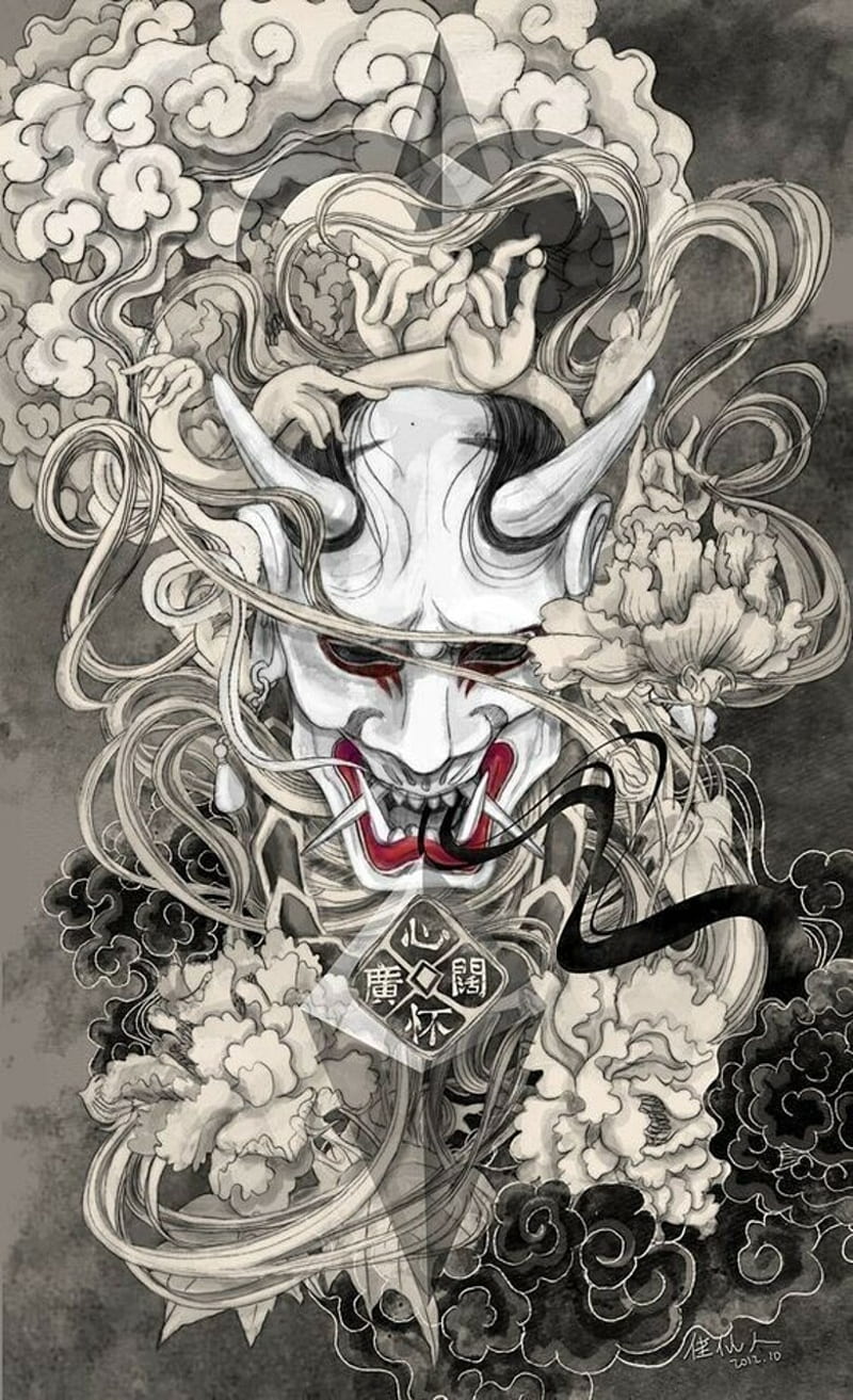 800x1313 Akuma, demon, drawing, entertainment, gouki, japan, mask tattoo, HD phone wallpaper