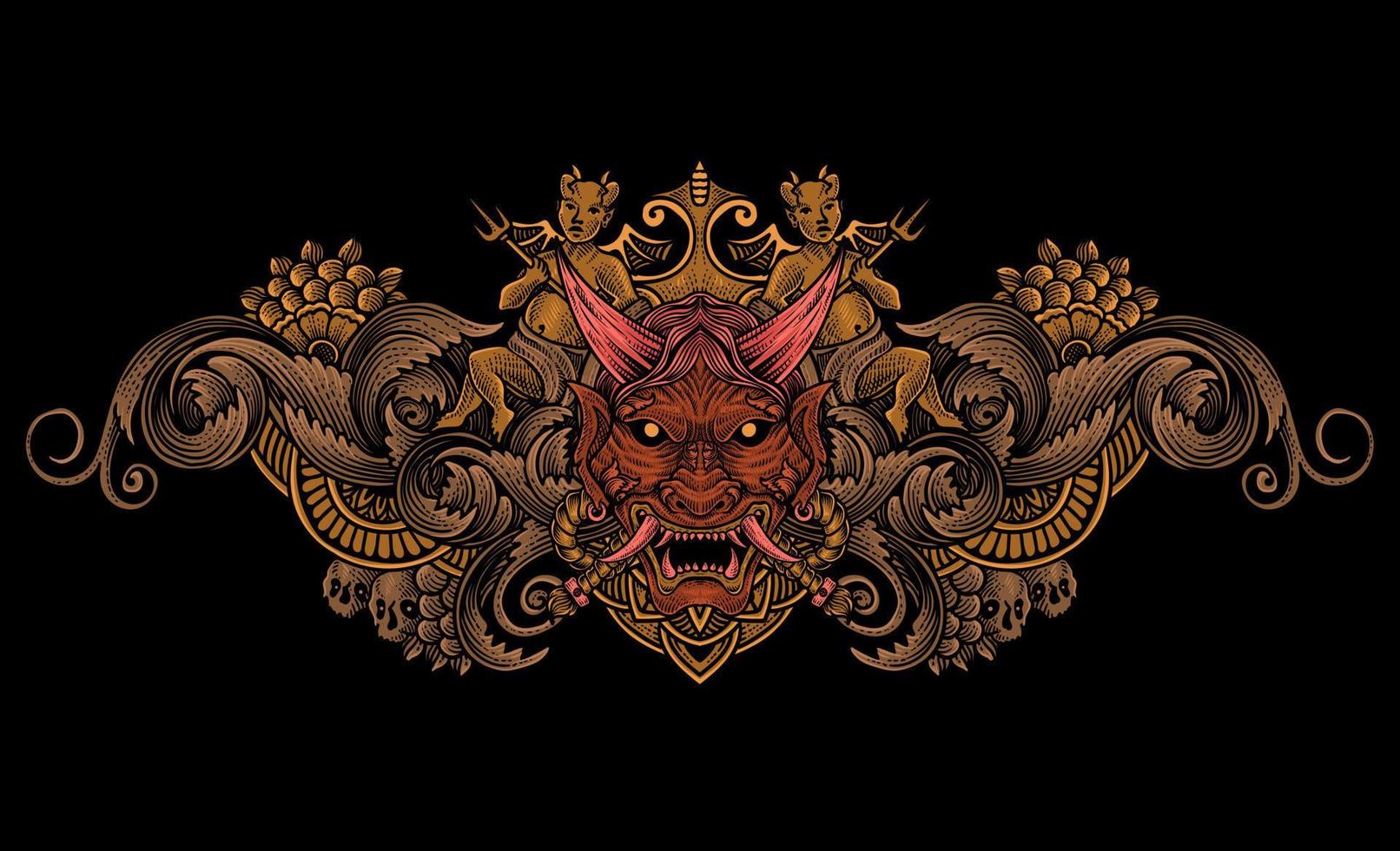 1612x980 Vector illustration. scary japanese demon mask with vintage engraving ornament style perfect for your business and T shirt merchandise