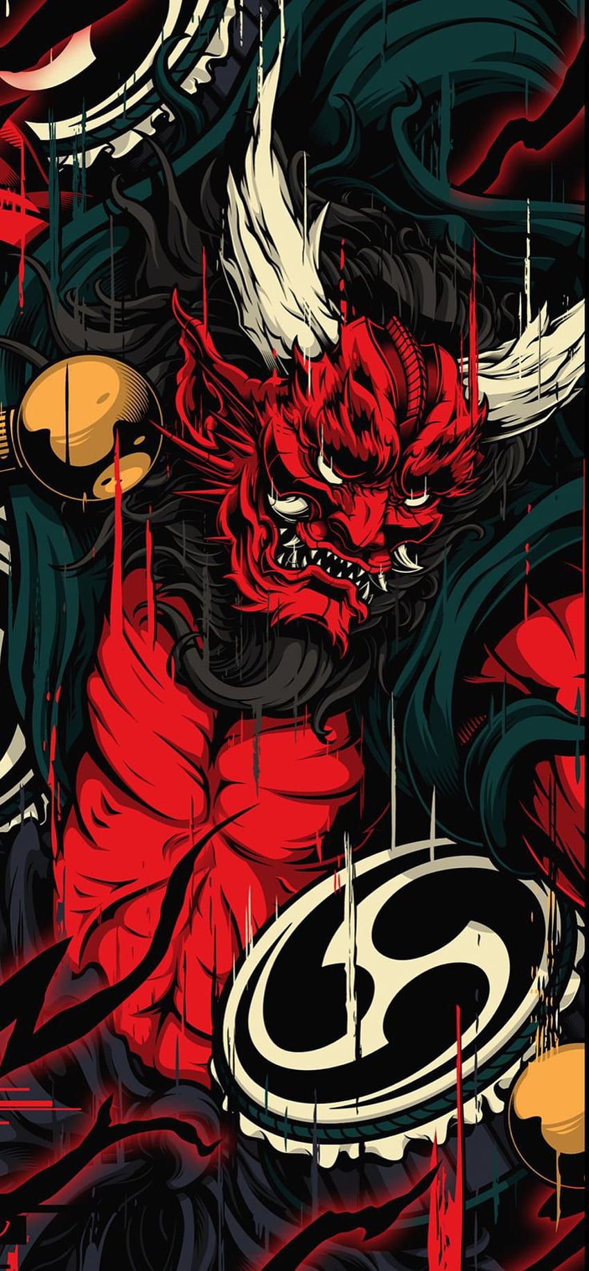 850x1833 Japanese demon, red, art HD phone wallpaper