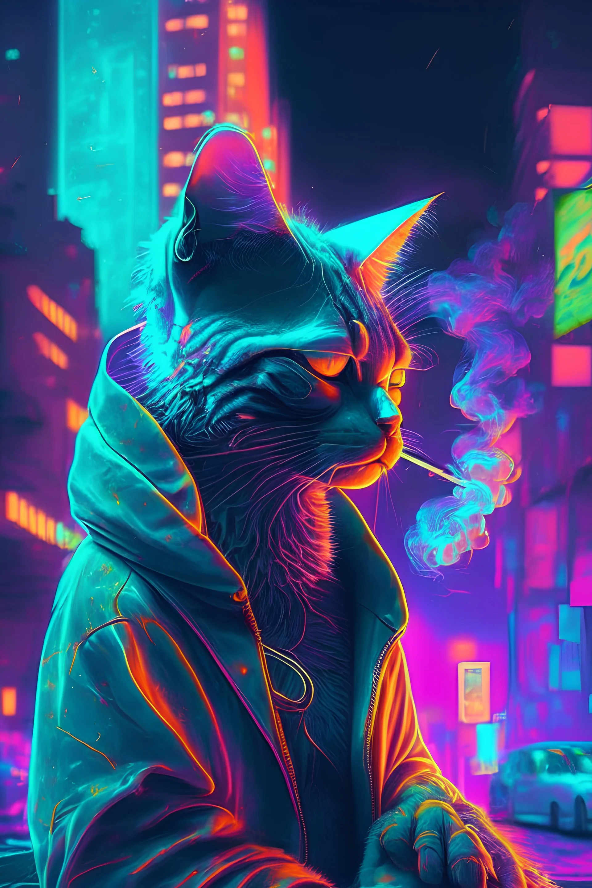 1920x2880 Thug cat smoking in neon city