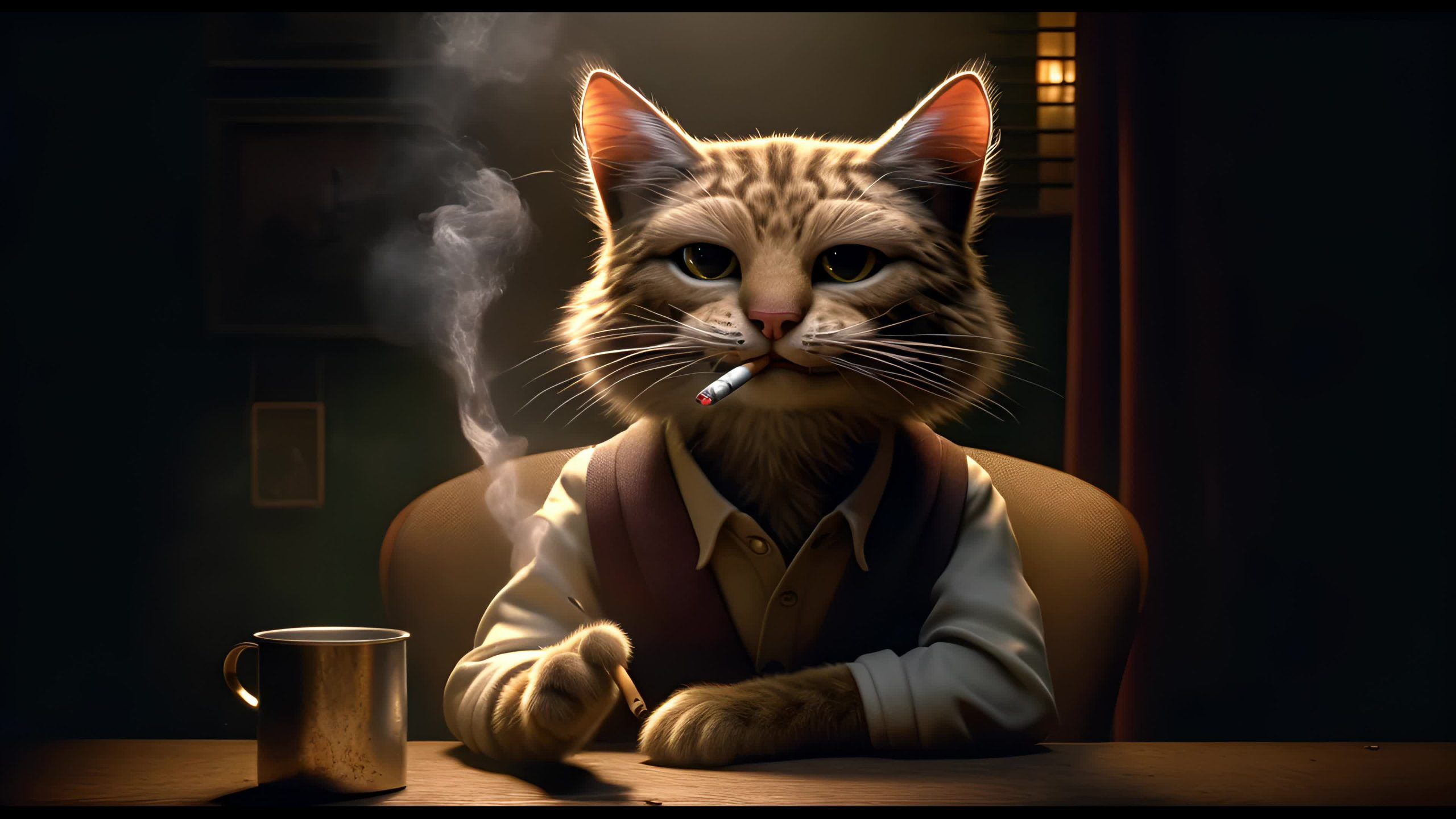 2560x1440 Smoking Cat in a Dimly Lit Room