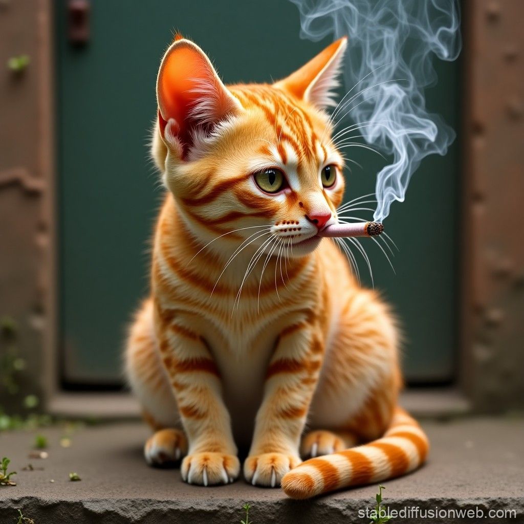1024x1024 Orange Cat Smoking Cigar. Stable Diffusion Online