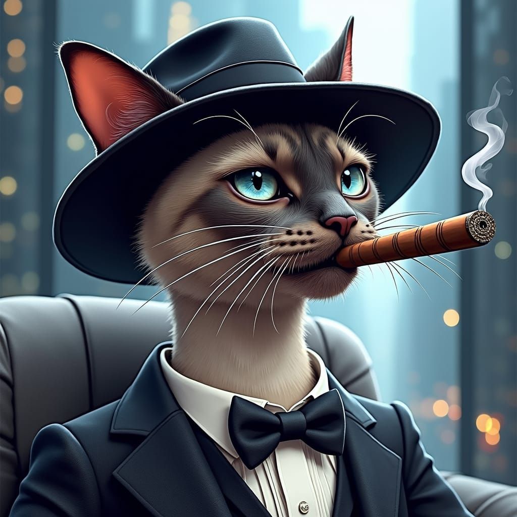 1024x1024 Gangster Siamese Cat Smoking Cigar in Noir Style