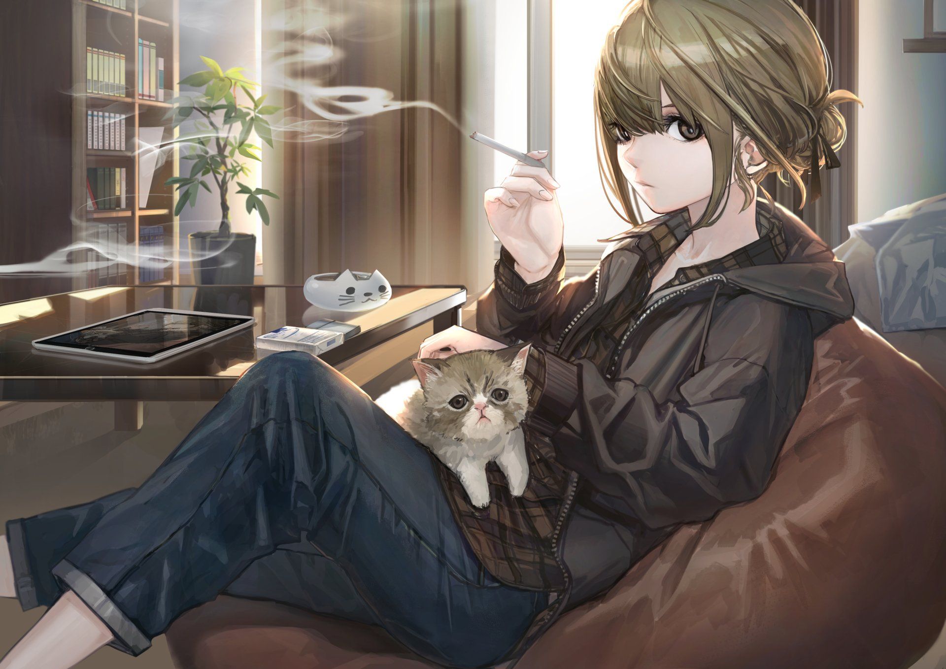 1920x1358 Download Blonde Smoking Cat Anime Girl Anime Girl Anime Cat 4k Ultra HD Wallpaper by 橋本