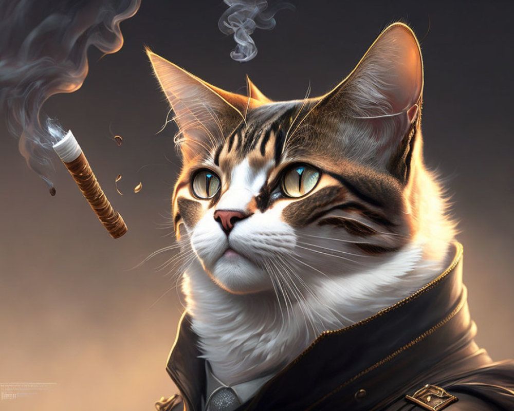 1000x800 painting of a cat smoking a cigarette in a bar with a glass of whiskey, cat smoking a cigar, cat smoking a cigarette, anthropomorphic large maine coon, highly detailed surrealist art, by