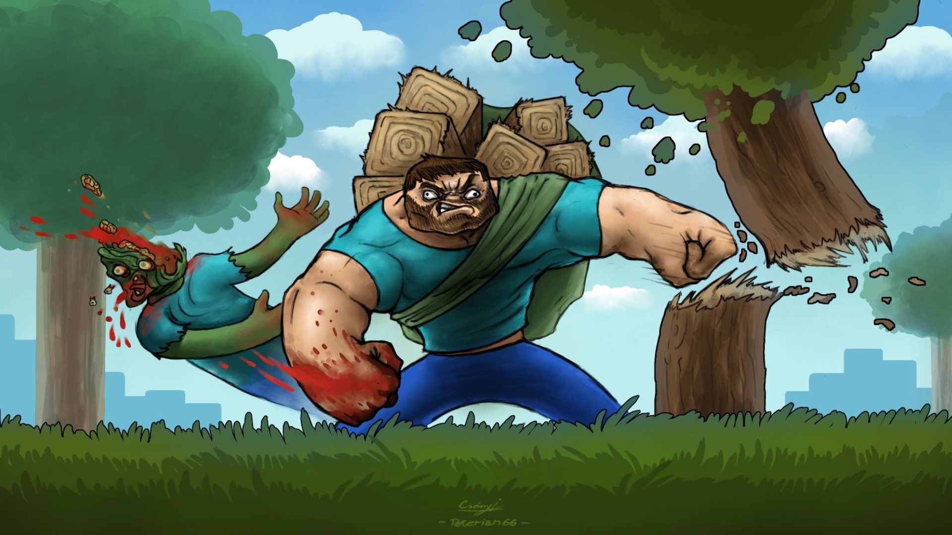 1920x1080 blood, video games, Steve, fan art, Minecraft, zombies, HD Wallpaper