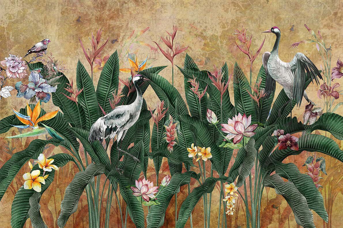 1190x794 Adawall Wallpaper Store In Houston Yellow Jungle Birds Wallpaper, Nature Forest Tropical Theme Wall Mural, Extra Large Customizable, Non Adhesive, Removable Wall Paper, Leaves Flower