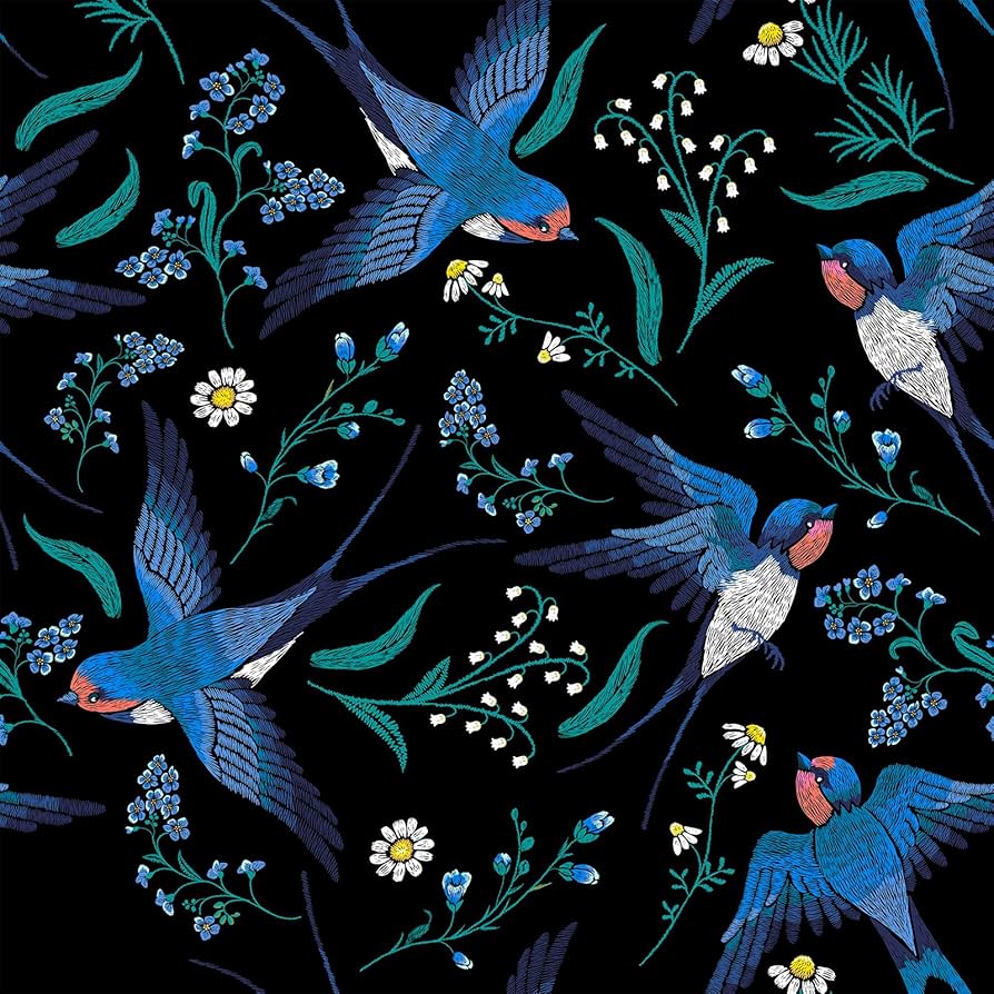 894x894 VaryFloral Bird Floral Wallpaper Blue Swallow Botanical Flower Black Wallpaper Peel and Stick Removable Vintage Forest Wildflowers Wall Paper for Living Room 12x118 Dark Floral Contact Paper
