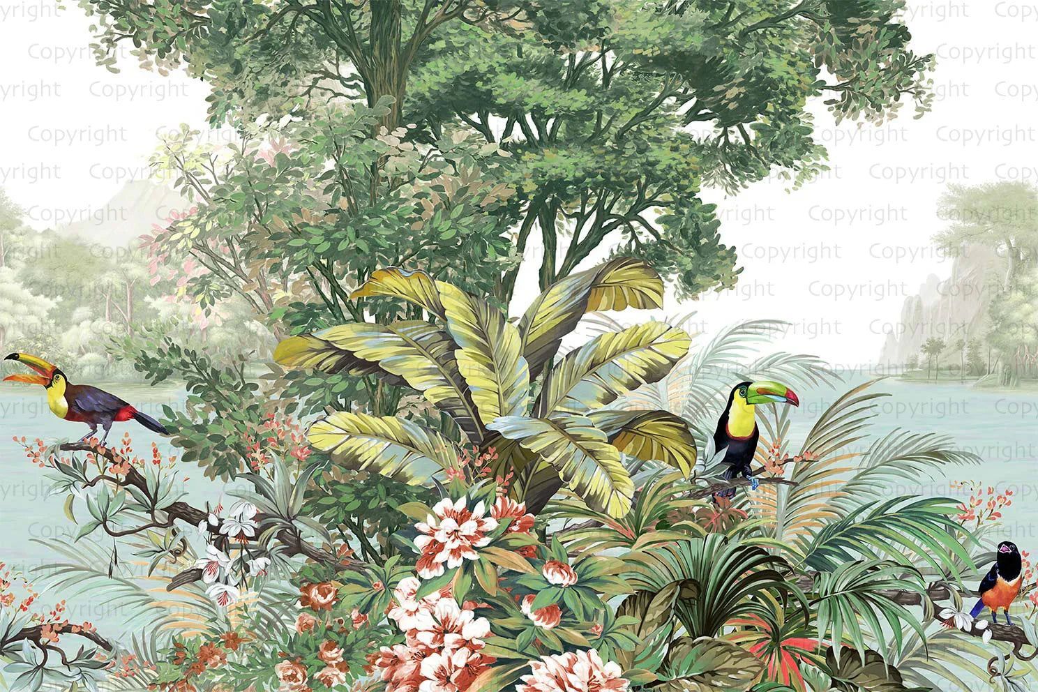 1488x992 Tropical Wall Mural Art, Birds Forest Nature Theme Wallpaper, Interior Design Wall Covering, Non Woven, Non Pasted, Removable, Washable