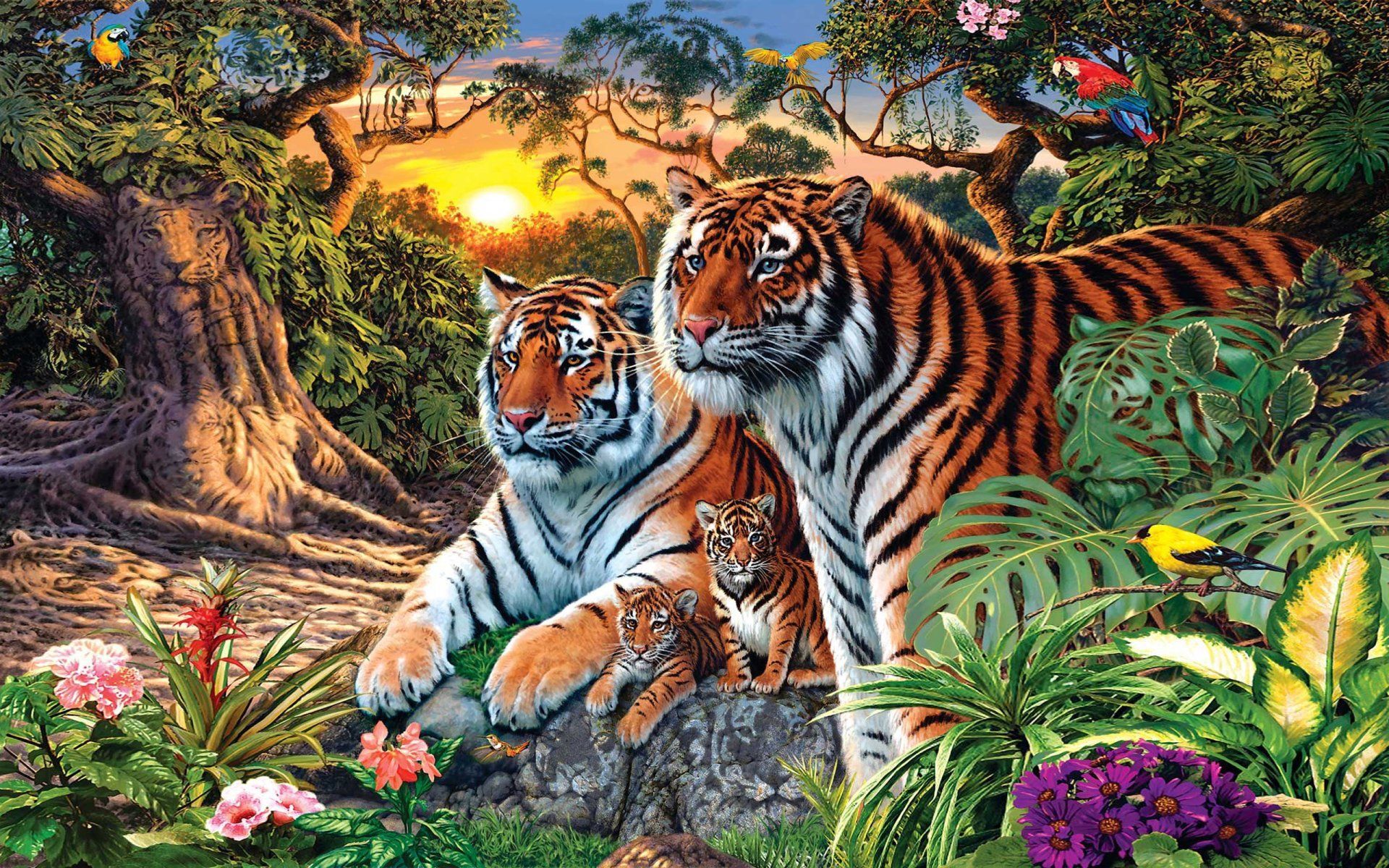 1920x1200 Majestic Tigers and Vibrant Birds in a Lush Forest