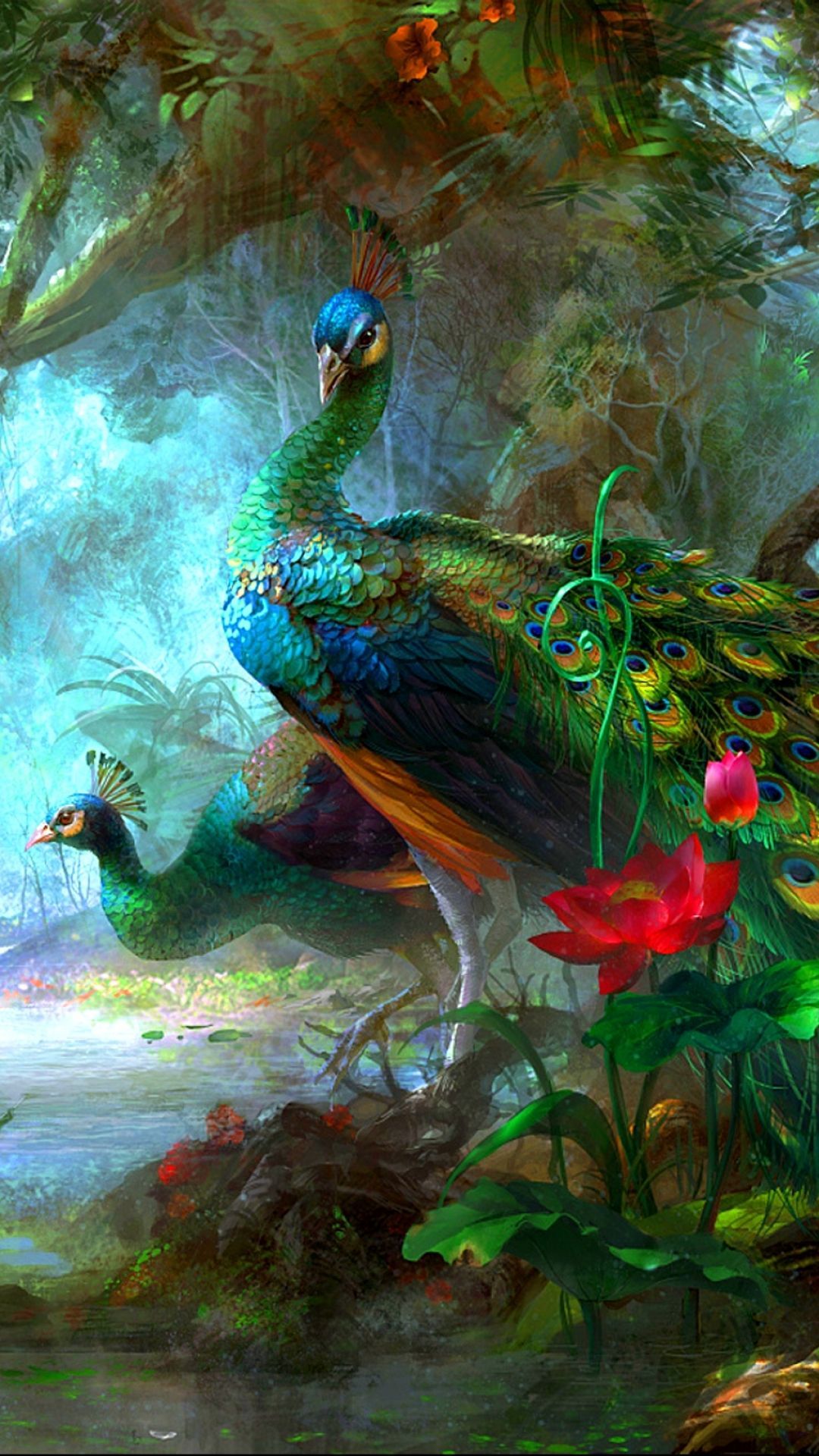 1080x1920 Phone wallpaper: Peacock, Peafowl, Colors, Animal, Flower, Bird, Tree, Colorful, Forest, Birds 1091525