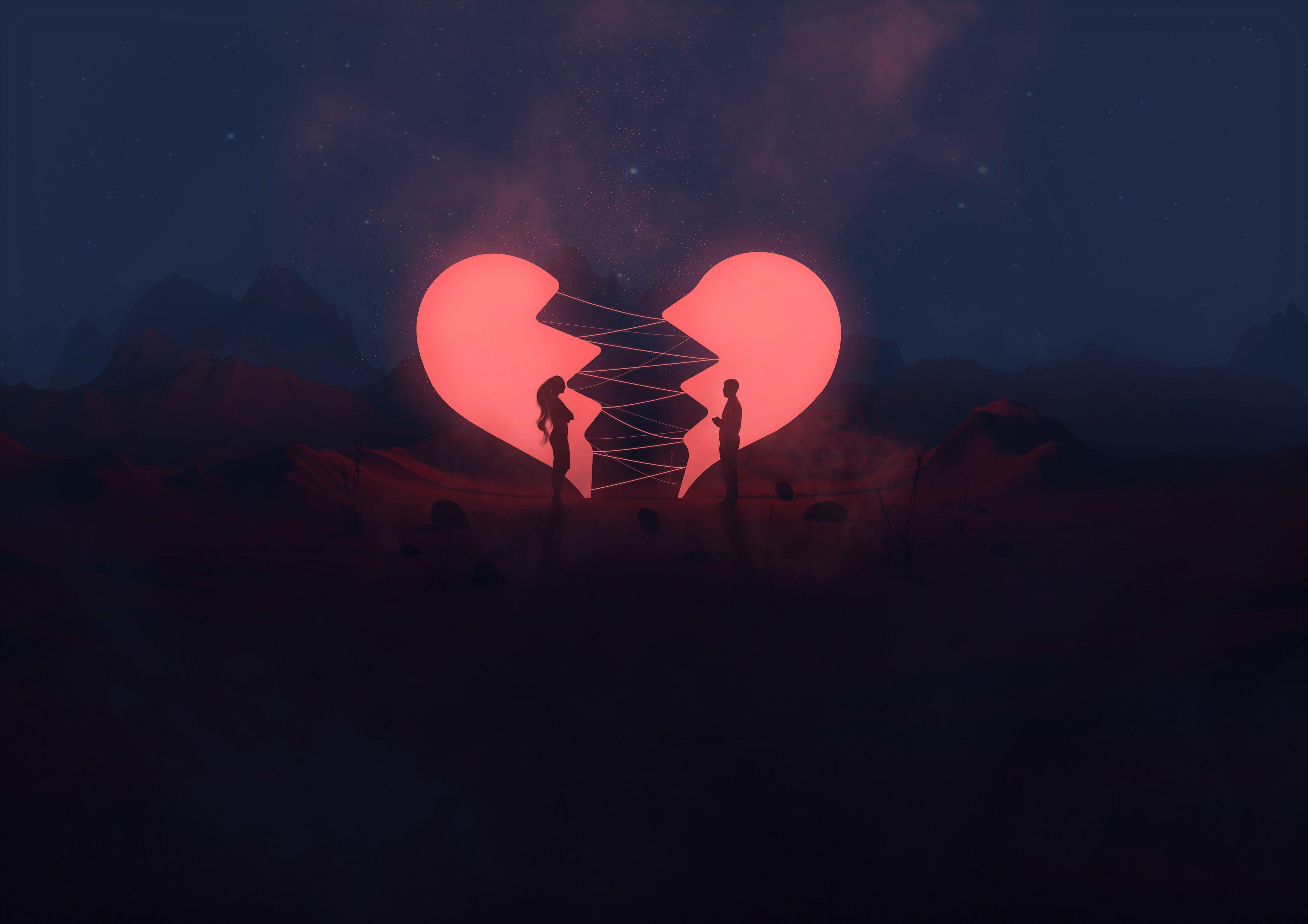 3840x2715 Wallpaper Broken heart, Lovers, Couple, Breakup, Neon art, 4K