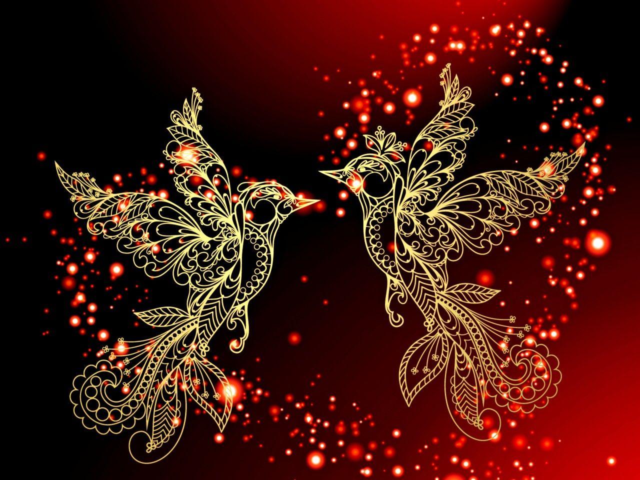 1280x960 Golden Birds & Red Heart wallpaper. Golden Birds & Red Heart