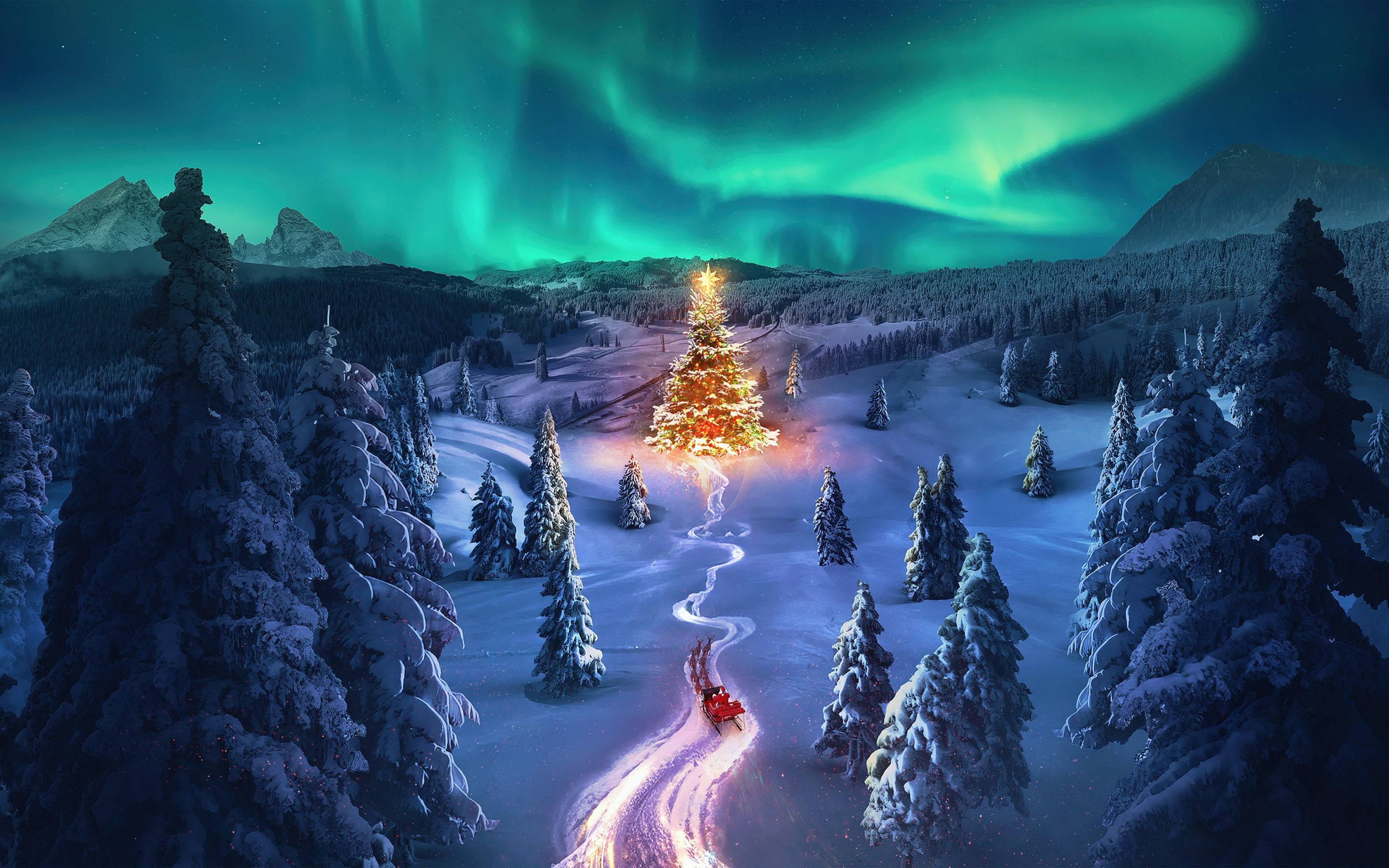 2880x1800 Christmas tree Wallpaper 4K, Aurora sky, Snowy Trees