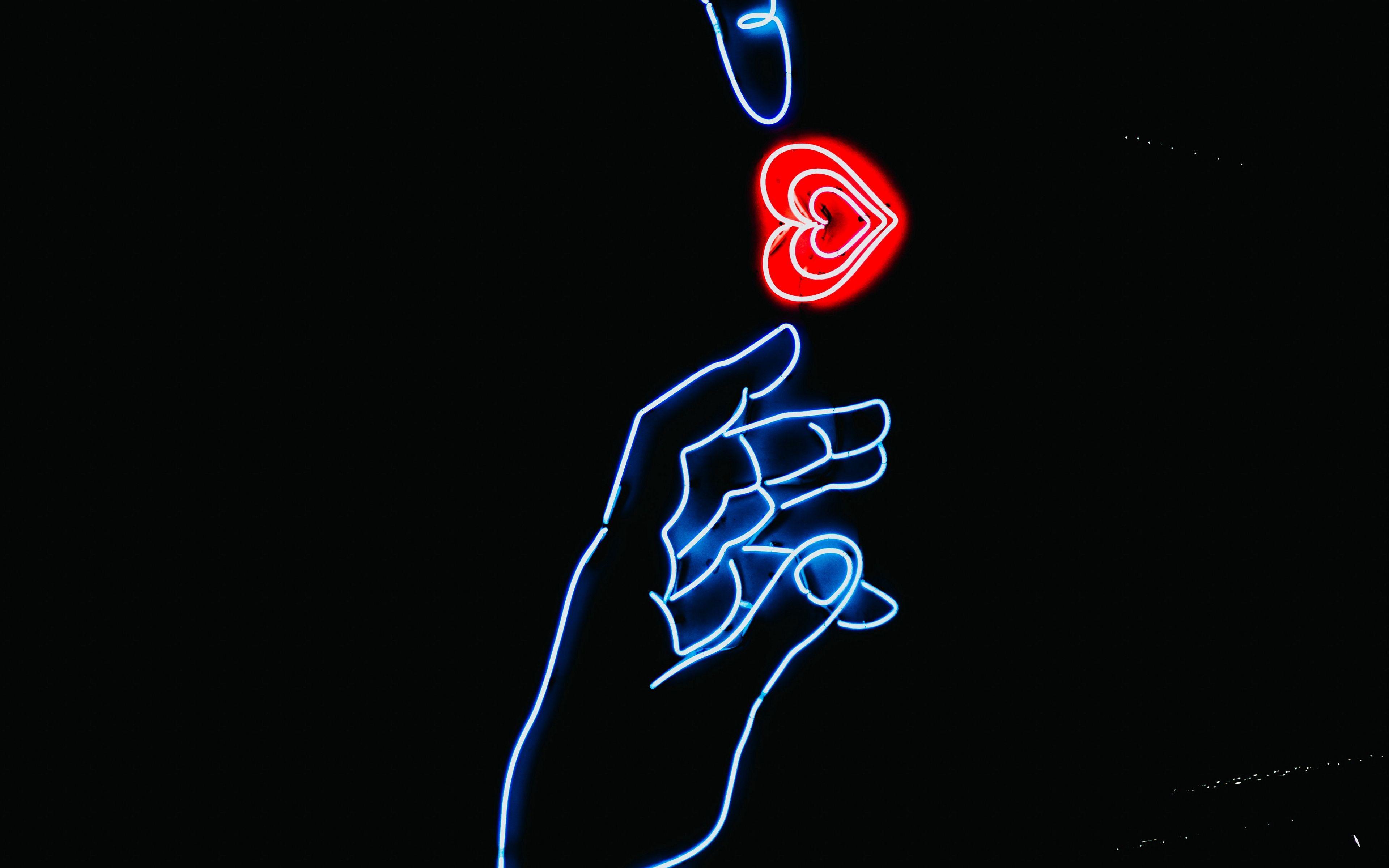 3840x2400 Download wallpaper 3840x2400 hands, heart, neon, glow, fingers
