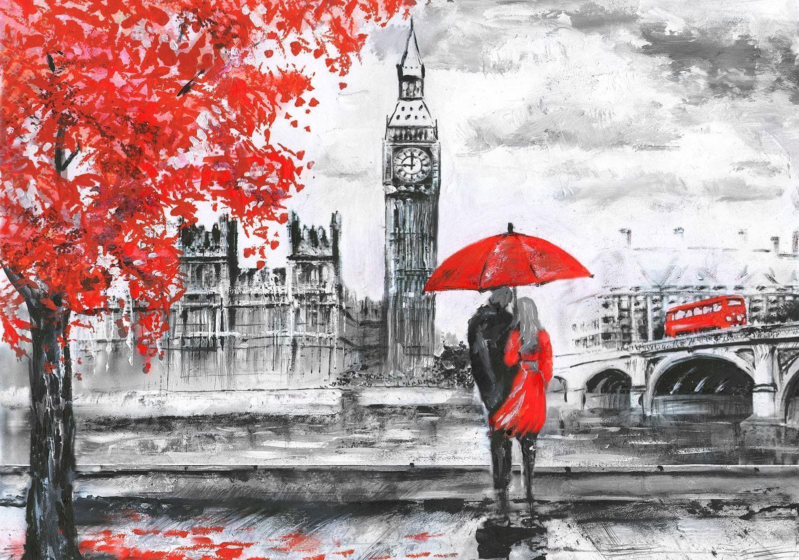 1600x1123 FORWALL photo wallpaper London photo wallpaper Mural AMF11471_P city London painting Big Ben Art Tree Love P4 (254cm. x 184cm.) red, black, white : Amazon.nl: DIY & Tools