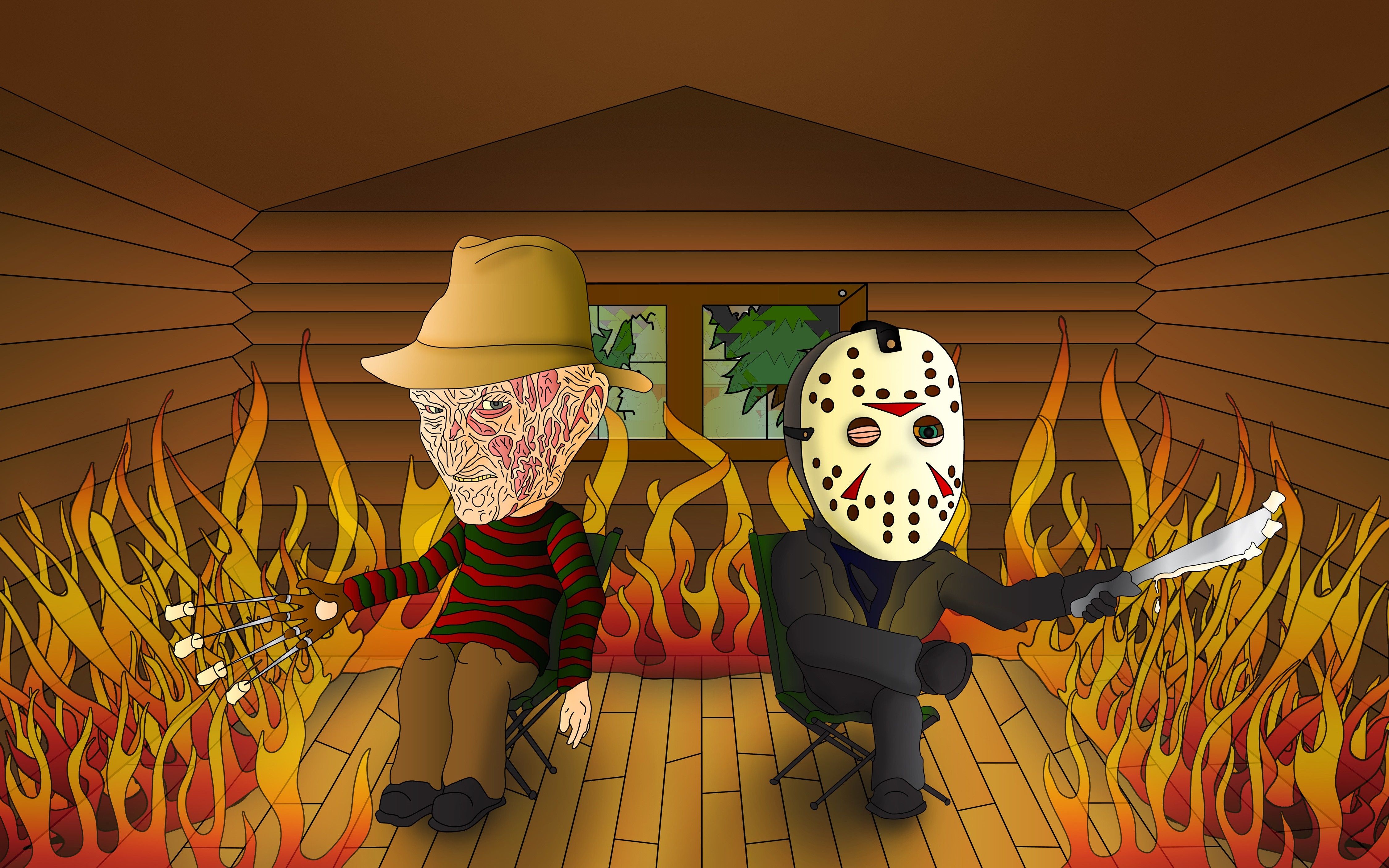 4500x2813 jason voorhees freddy krueger artwork humor fire, HD Wallpaper