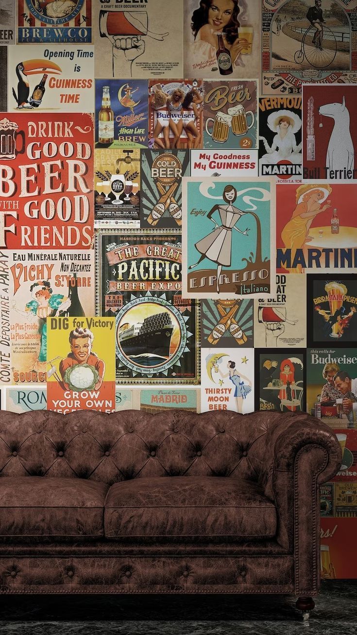 735x1307 Retro Posters Wallpaper Peel Stick / Unpasted, Man Cave Wallpaper, Vintage Vinyl Self Adhesive Old Fashioned Bathroom Kitchen Art Wallpaper