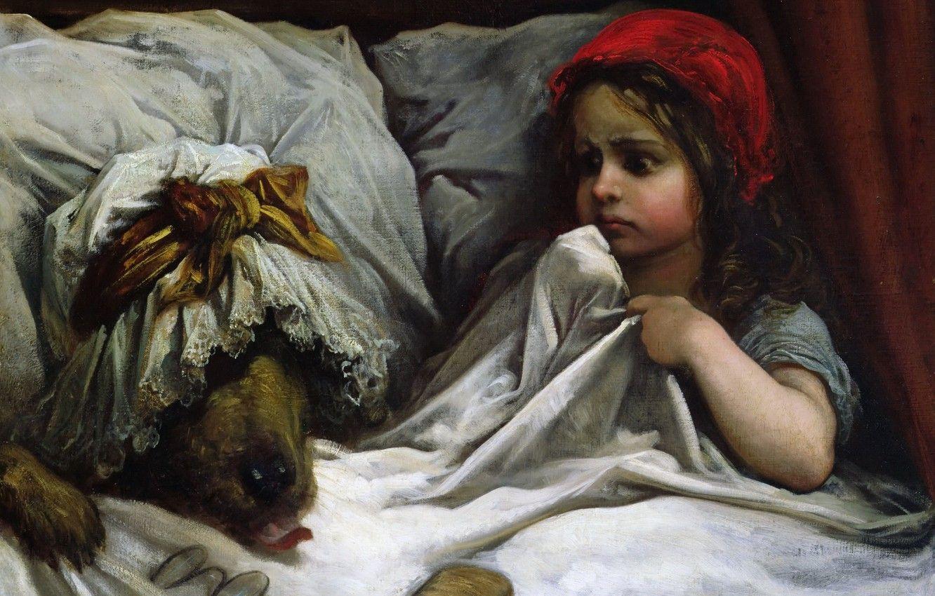1332x850 Wallpaper wolf, tale, picture, girl, Little Red Riding Hood, Paul