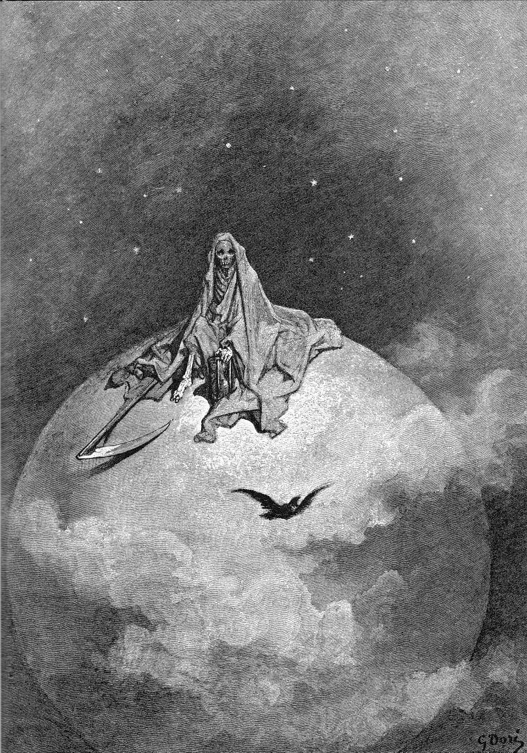 760x1087 scythe, grayscale, skeletons, The Raven, artwork, Edgar Allan Poe