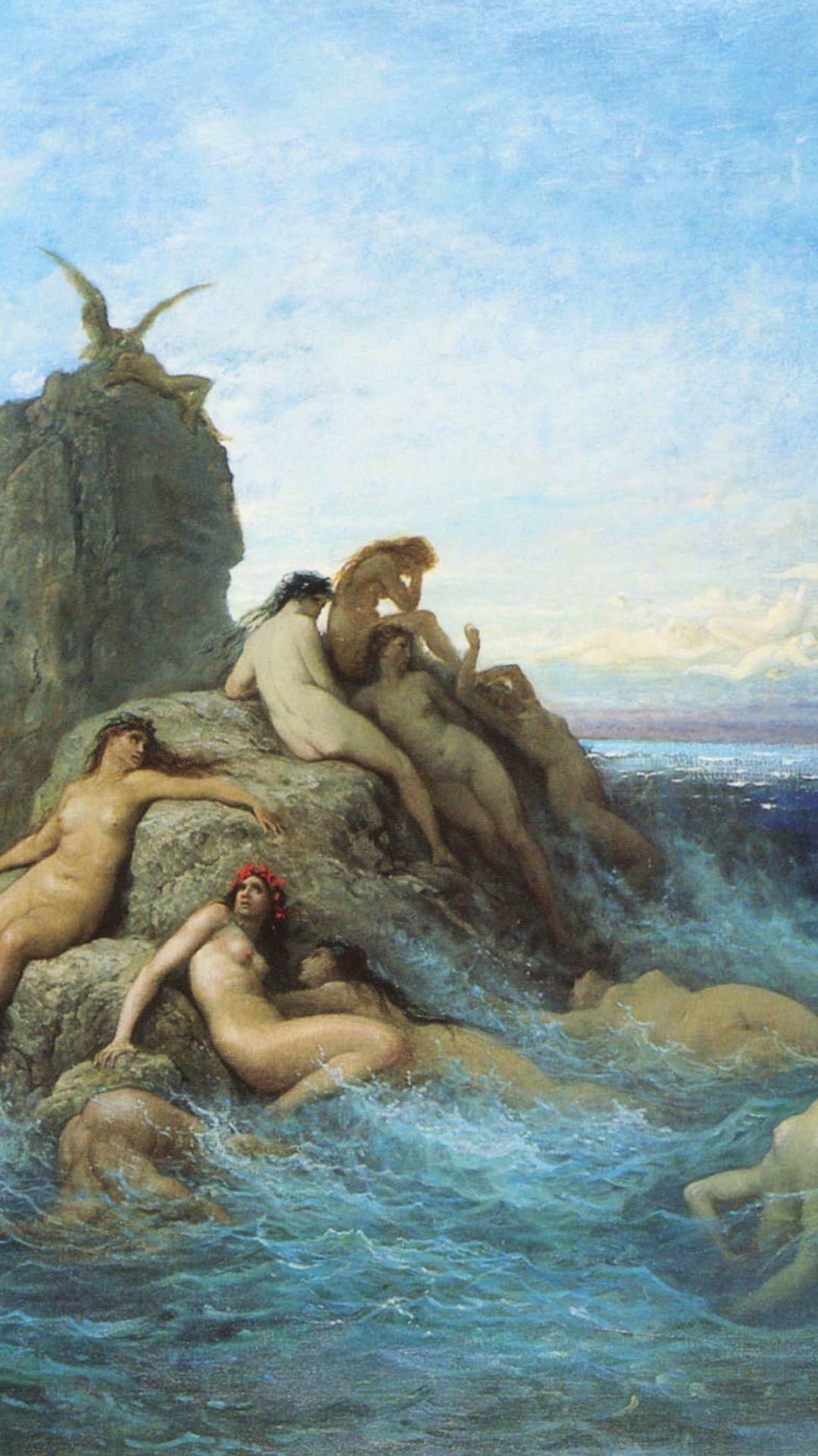 1080x1920 rocks, myth, picture, gustave dore, sea naiads, wave