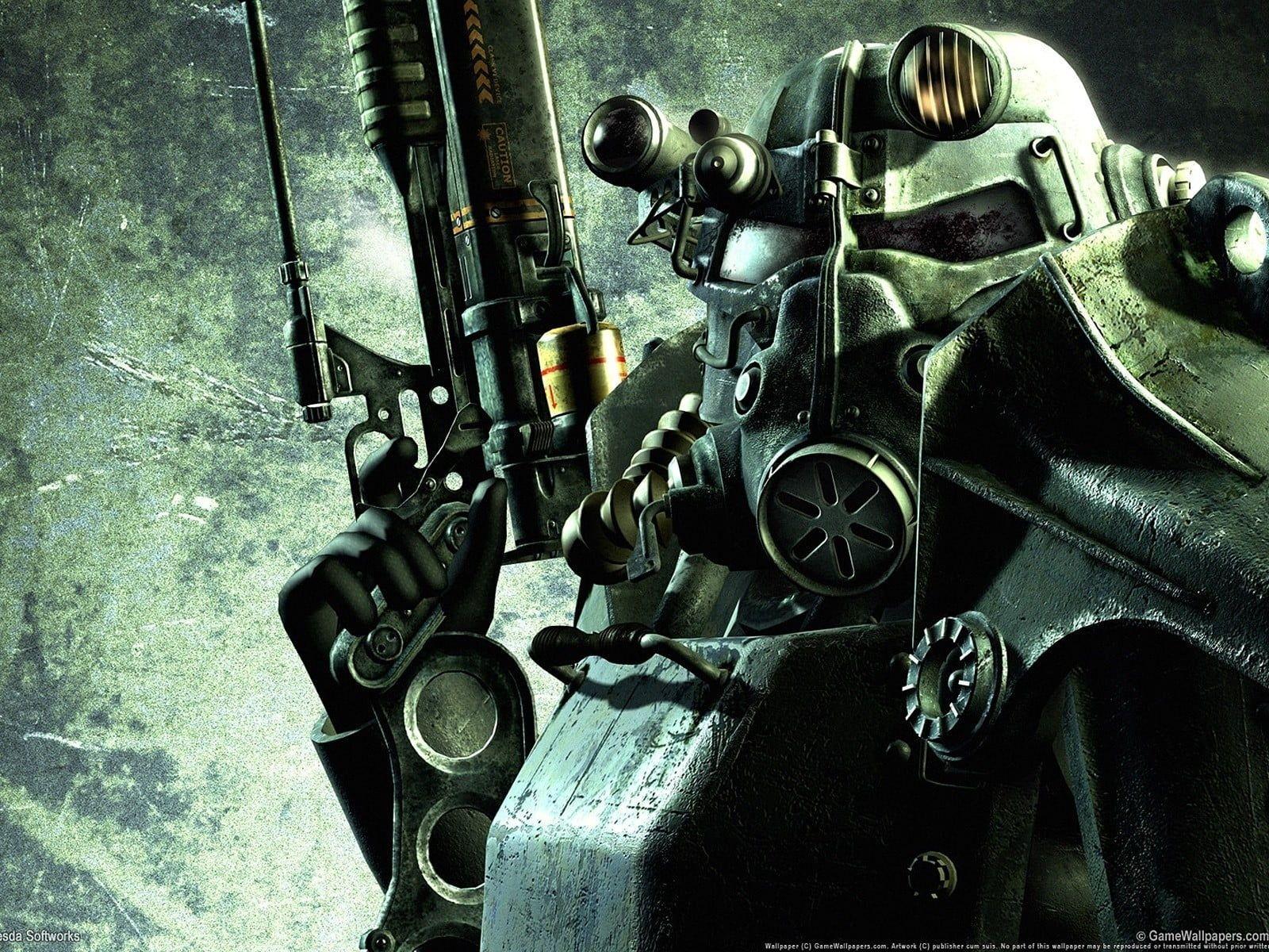 1600x1200 Person wearing mask with rifle game character wallpaper, Fallout 3