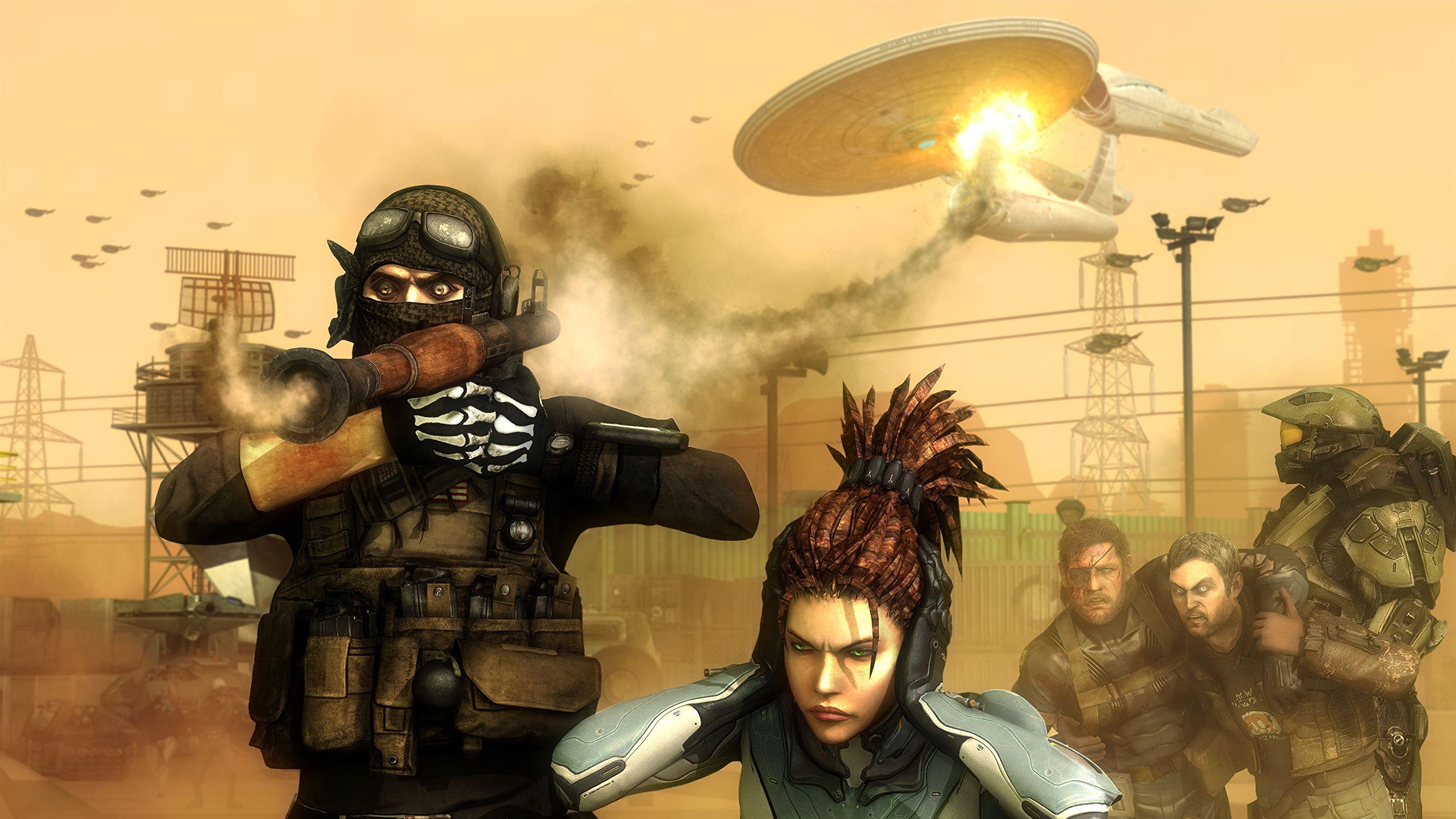 2560x1440 Desktop Wallpaper Halo StarCraft Firing Soldiers 2560x1440