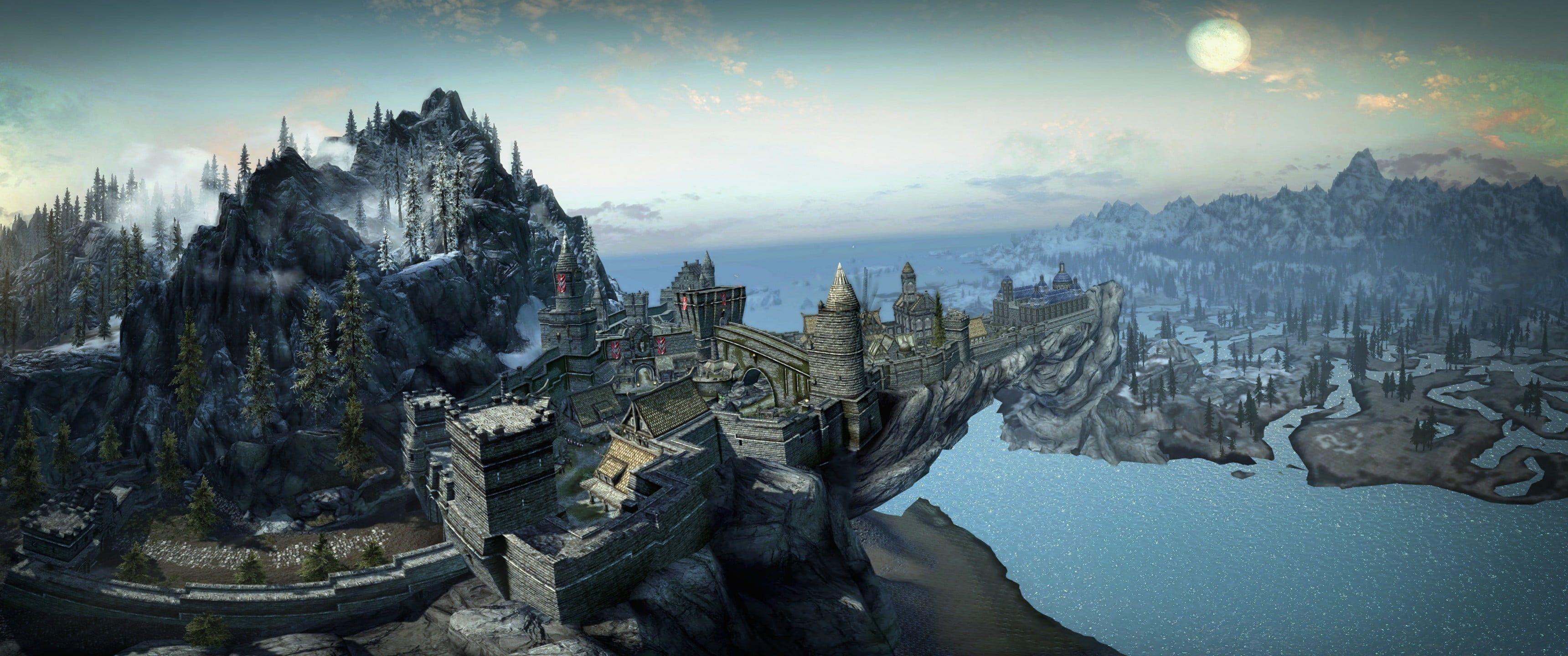3440x1440 Aerial photography of building 3D illustration, The Elder Scrolls