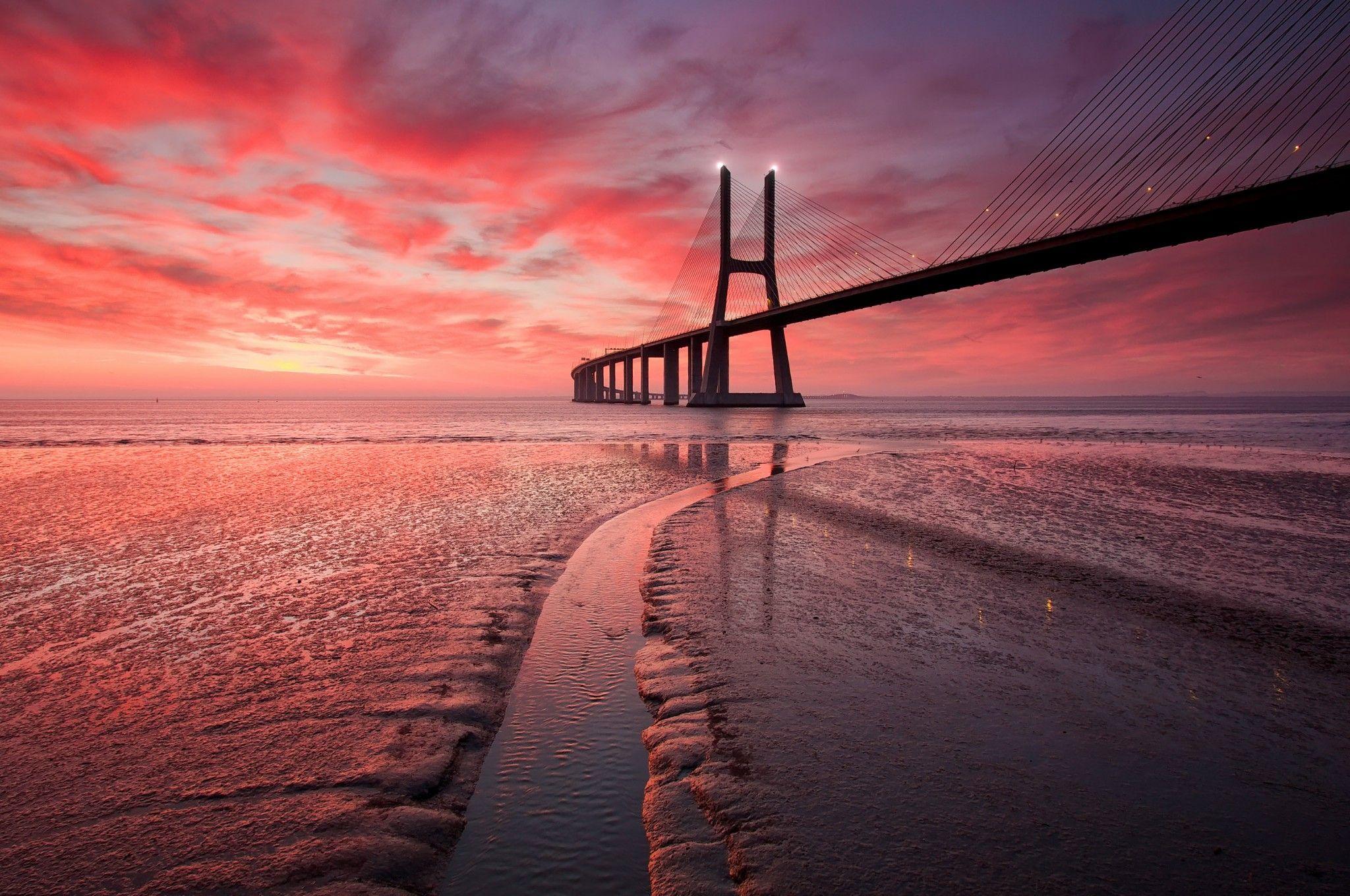 2048x1360 Burning Sky Long Bridge Chromebook Free Wallpaper HD