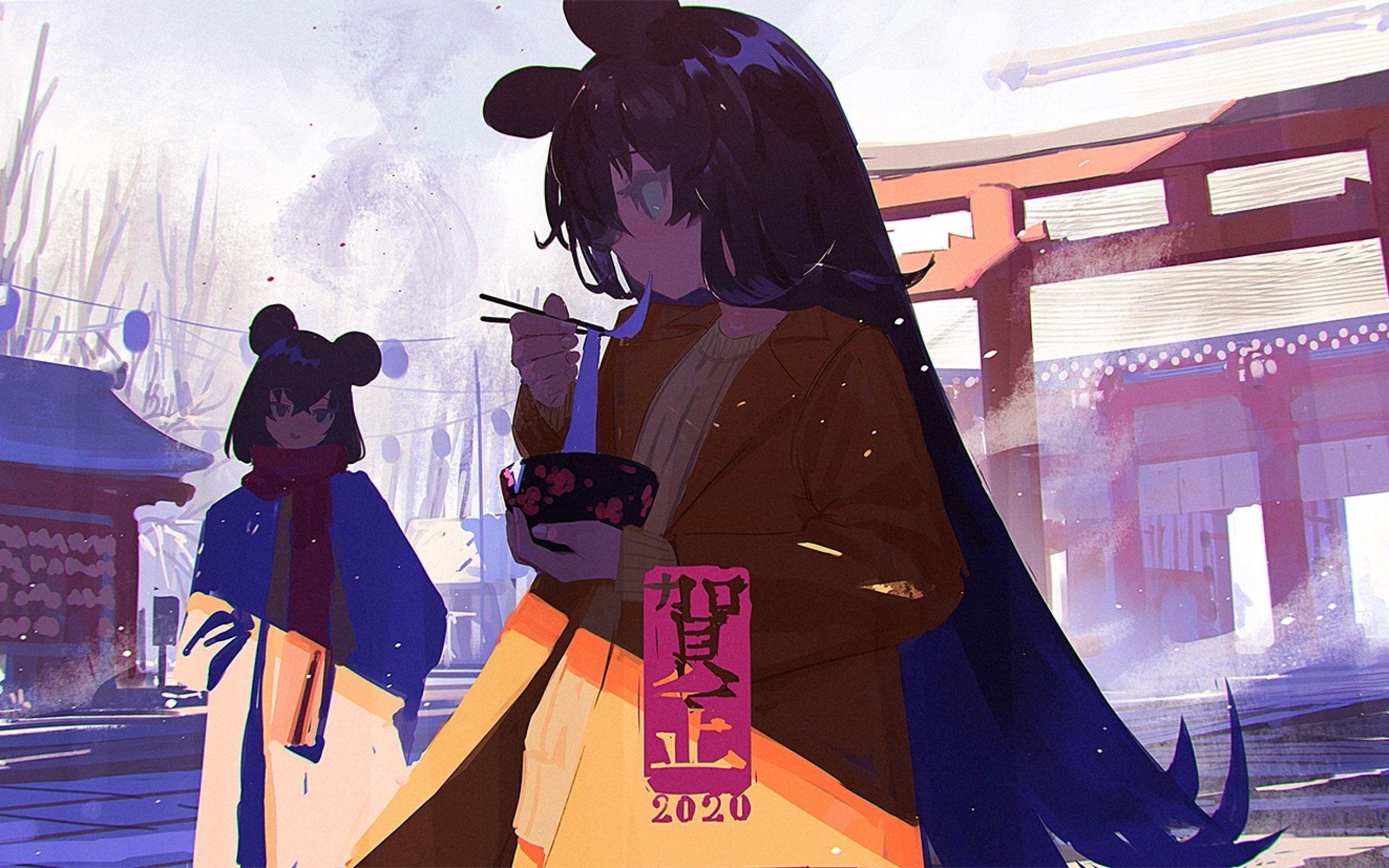 2560x1600 Download 2560x1600 Anime Girls, Shrine, Torii, Noodle, Cup, Eating