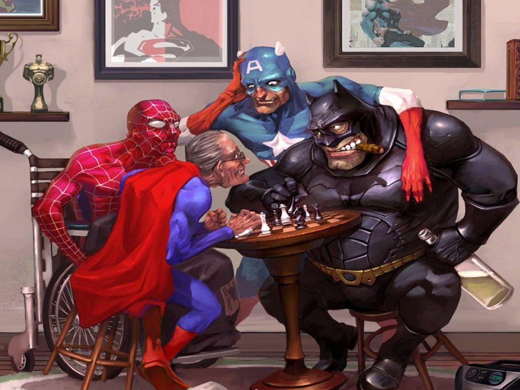 1024x768 Superhero Retirement Home Painting w/ Old Superman, Spiderman