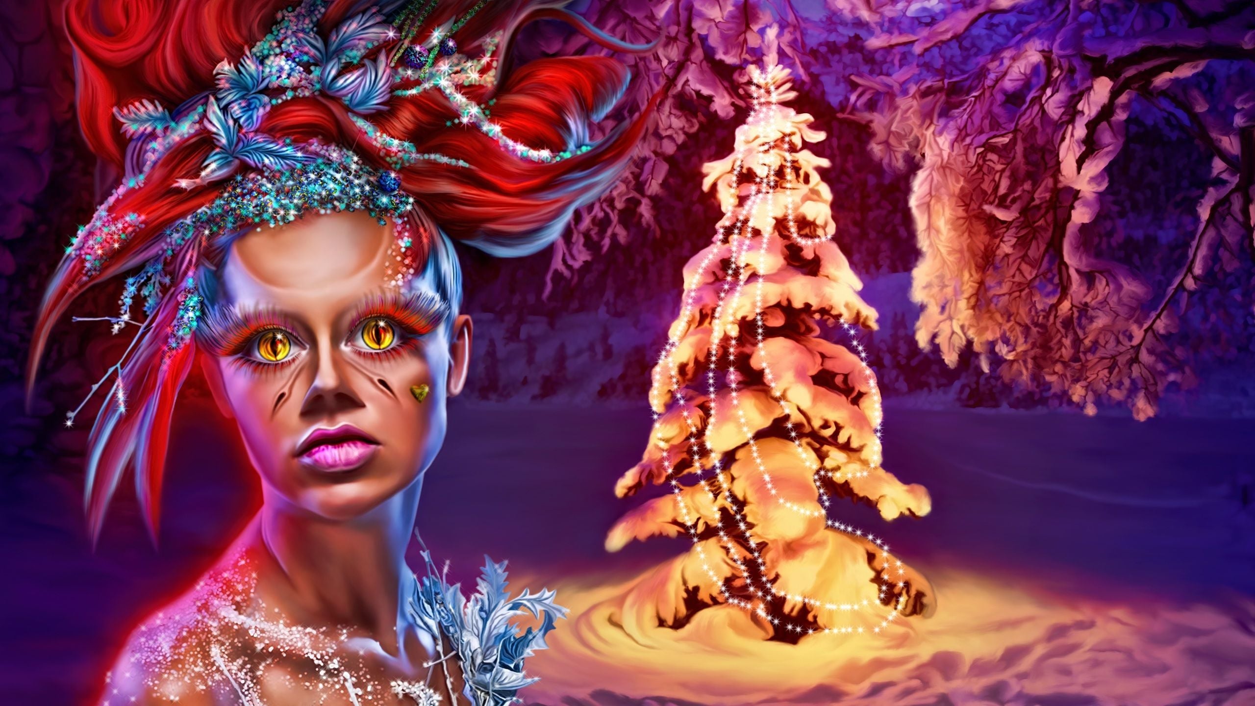 2560x1440 Photo Horrible Christmas Face Fantasy New Year tree Fairy 2560x1440