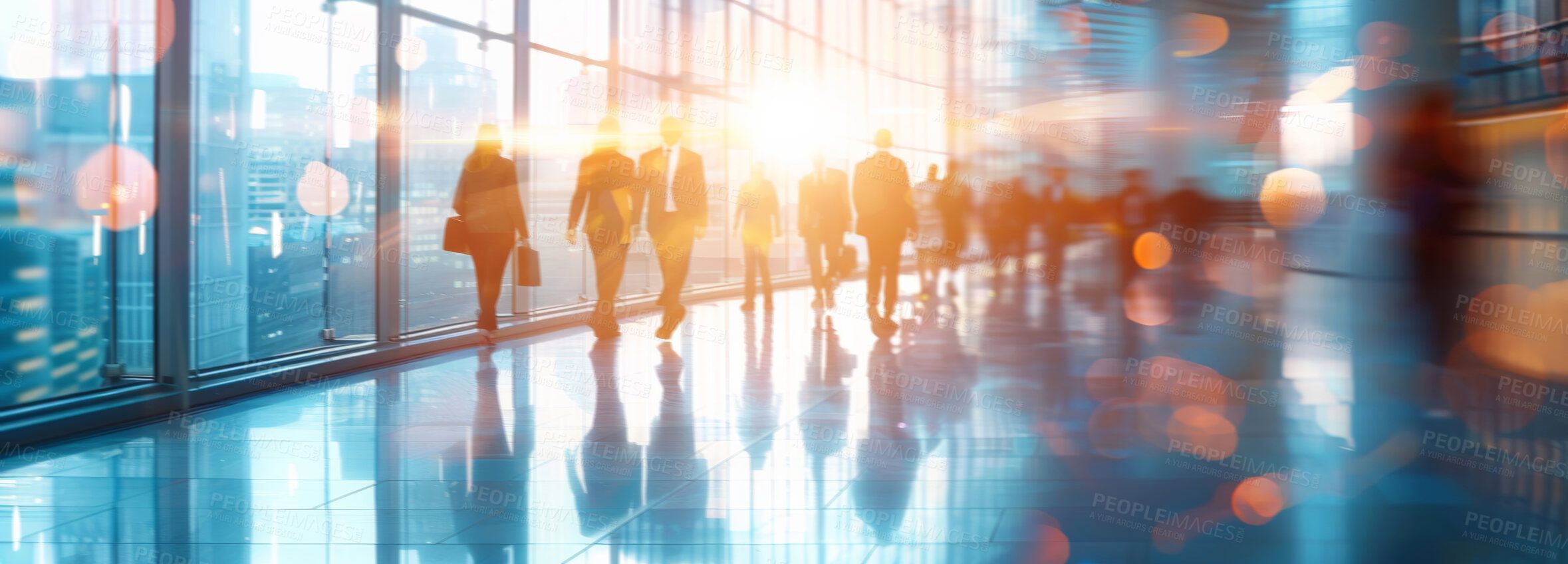2358x848 Abstract, crowds and building background with silhouette effect of workers walking, trading or business. Blurry, lights and modern office building. Wallpaper, corporate and marketing for big data. Buy on