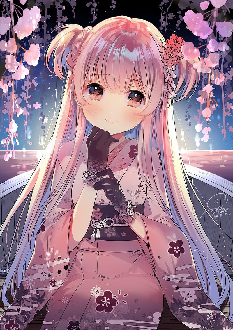 800x1135 Anime girl, long hair, kimono, moe, cute, gloves, flowers, Anime, HD phone wallpaper